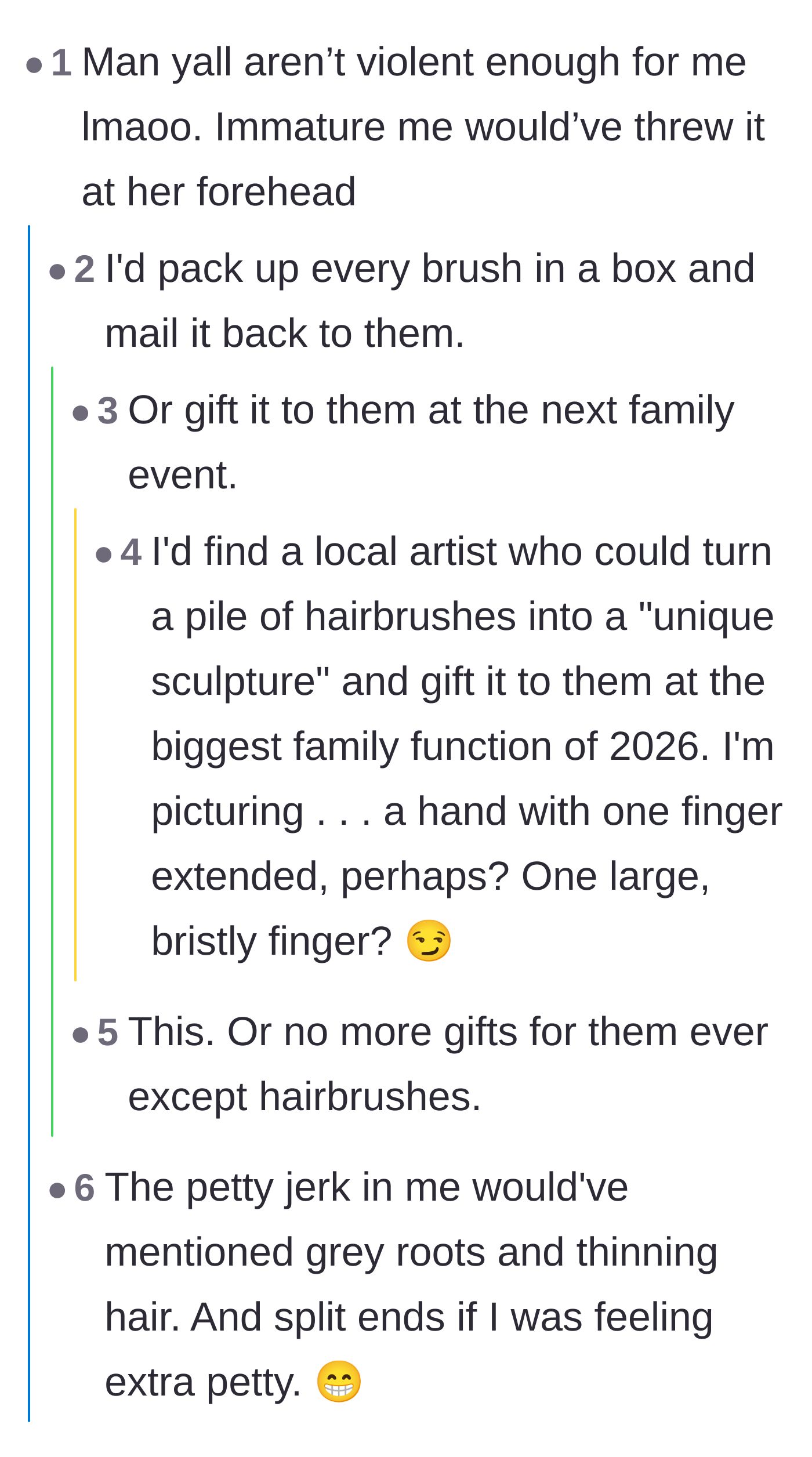 Comment thread 4 - Fantasizing about more aggressive reactions, like turning the collected brushes into a giant middle finger sculpture.