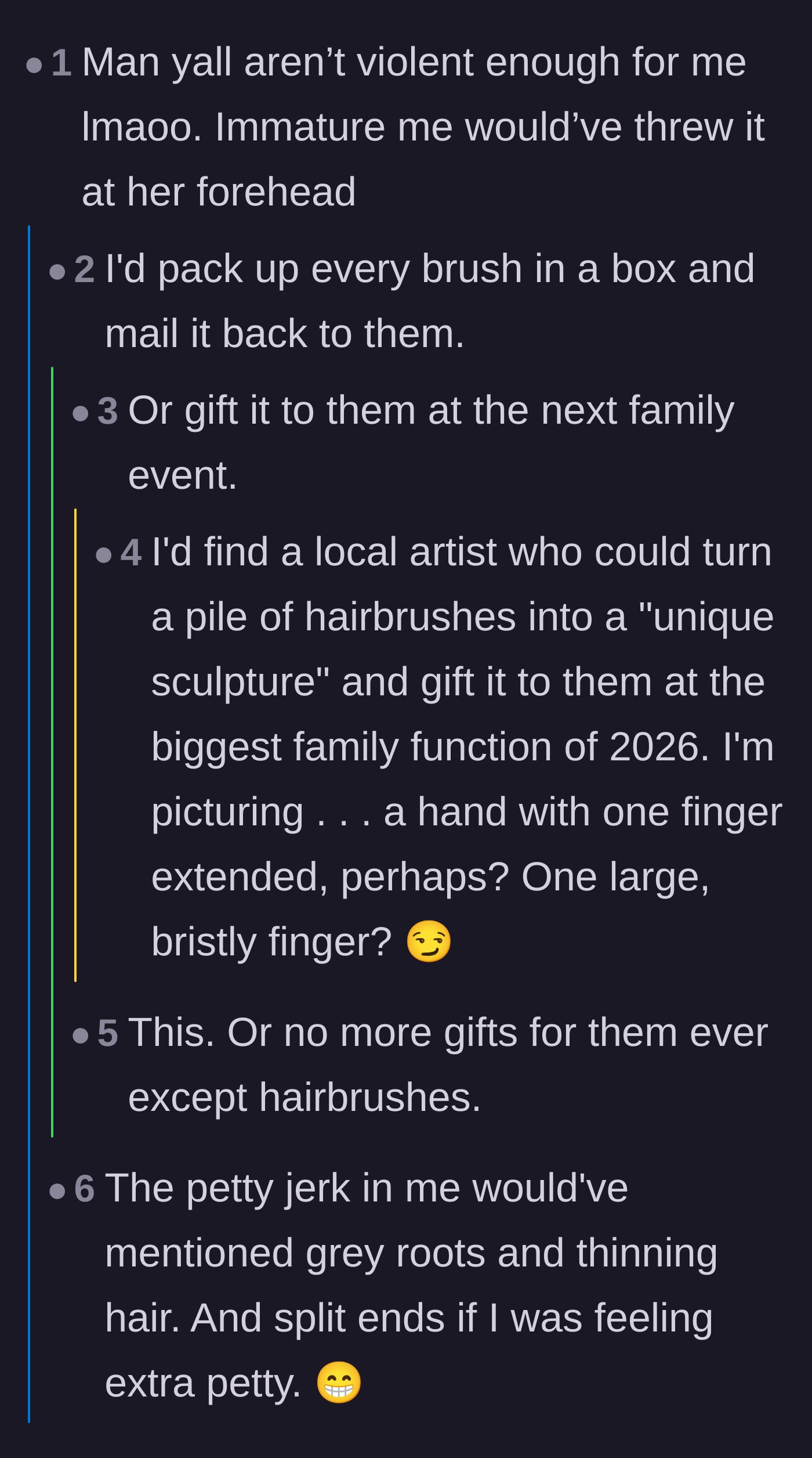 Comment thread 4 - Fantasizing about more aggressive reactions, like turning the collected brushes into a giant middle finger sculpture.