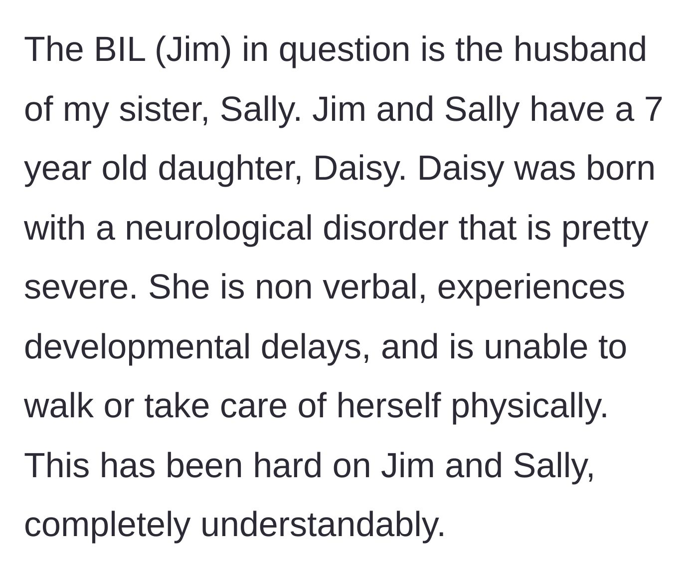 Story part 1 - Background on Jim and Sally's daughter's severe neurological disorder.