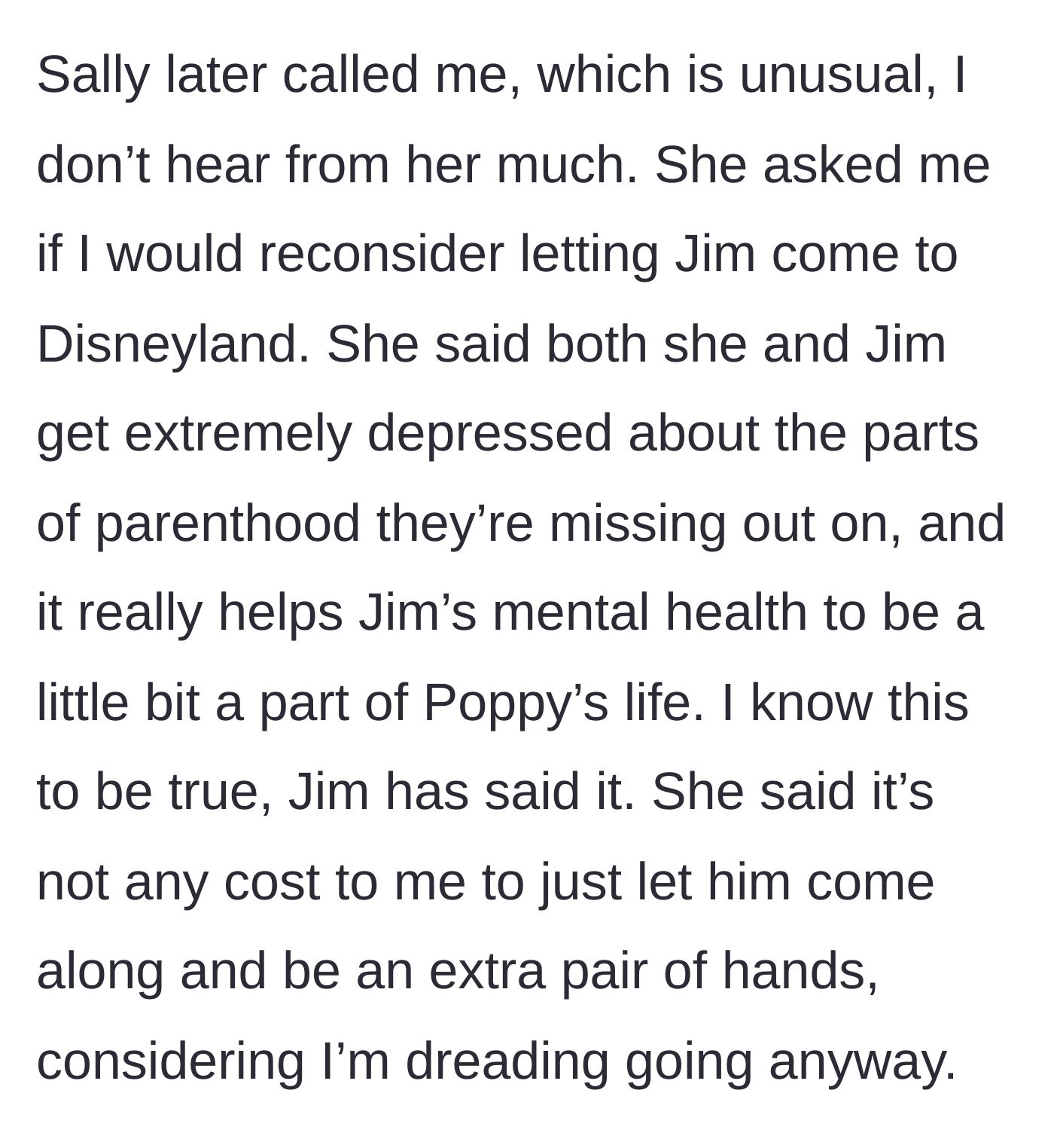 Story part 6 - Sally calling to guilt-trip the mom into letting Jim go to Disneyland.