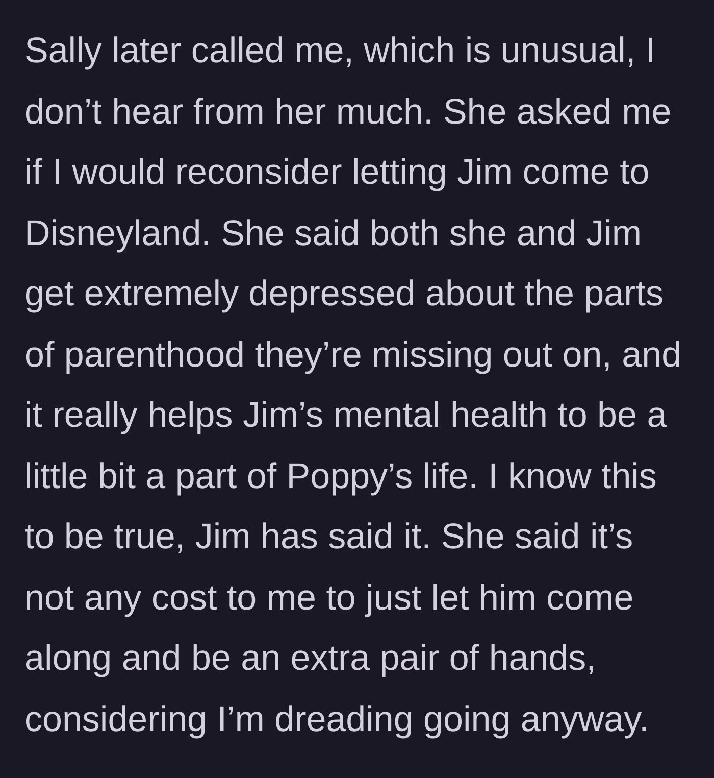 Story part 6 - Sally calling to guilt-trip the mom into letting Jim go to Disneyland.