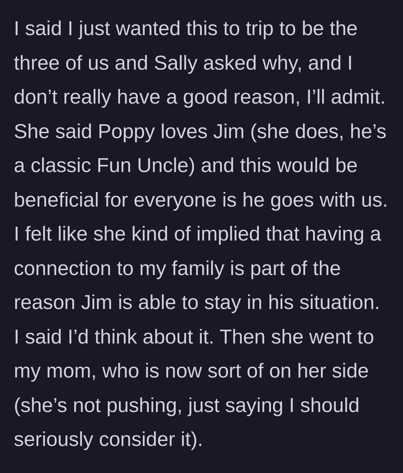 Story part 7 - Sally implying Jim's connection to the niece keeps him in their situation.