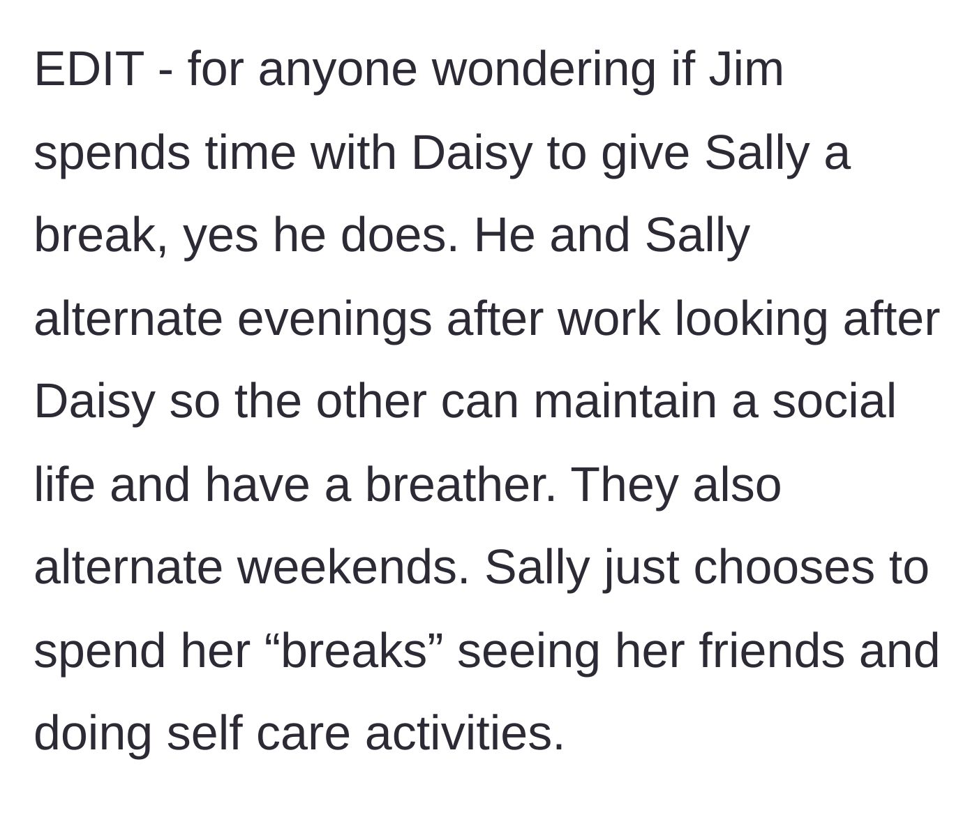 Story part 9 - Edit explaining how Jim and Sally divide their caregiving breaks.