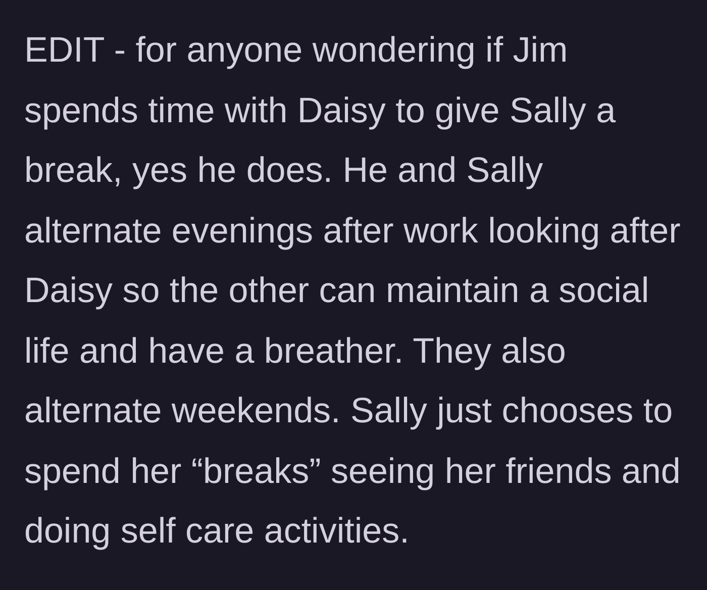 Story part 9 - Edit explaining how Jim and Sally divide their caregiving breaks.