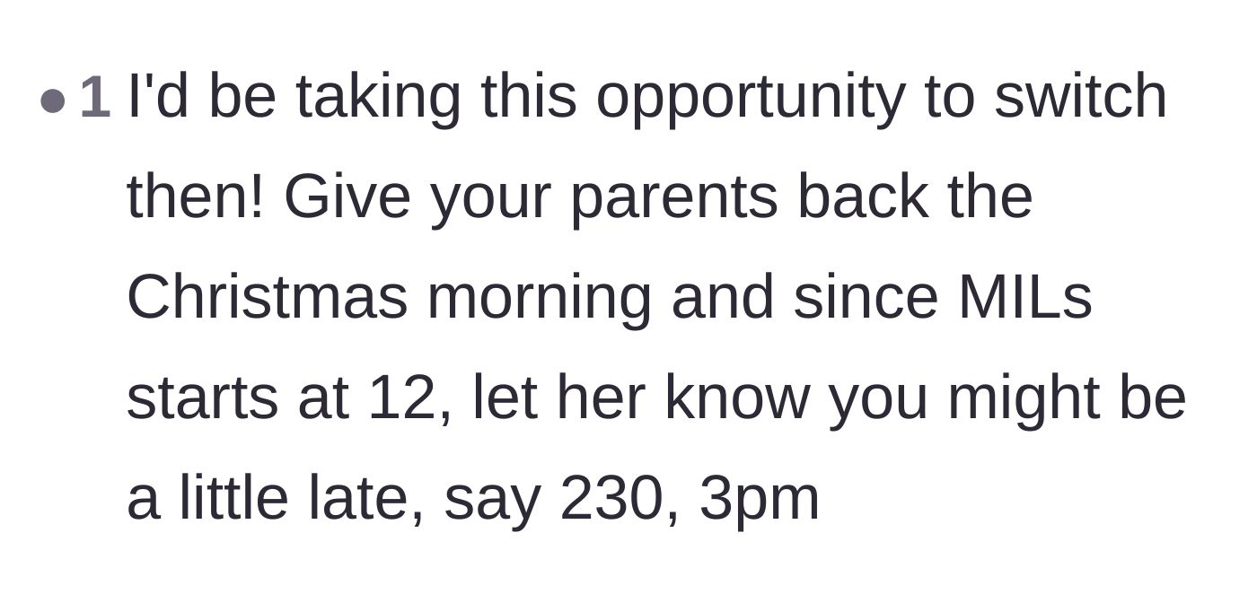 Comment thread 3 - Suggestion to give the morning back to the wife's parents and show up to the mother-in-law's house late.