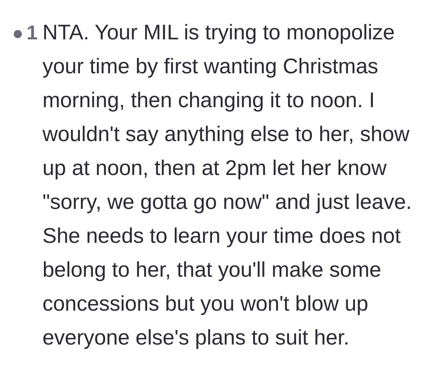 Comment thread 4 - Analysis that the mother-in-law is trying to monopolize the day, advising the couple to leave early without blowing up other plans.