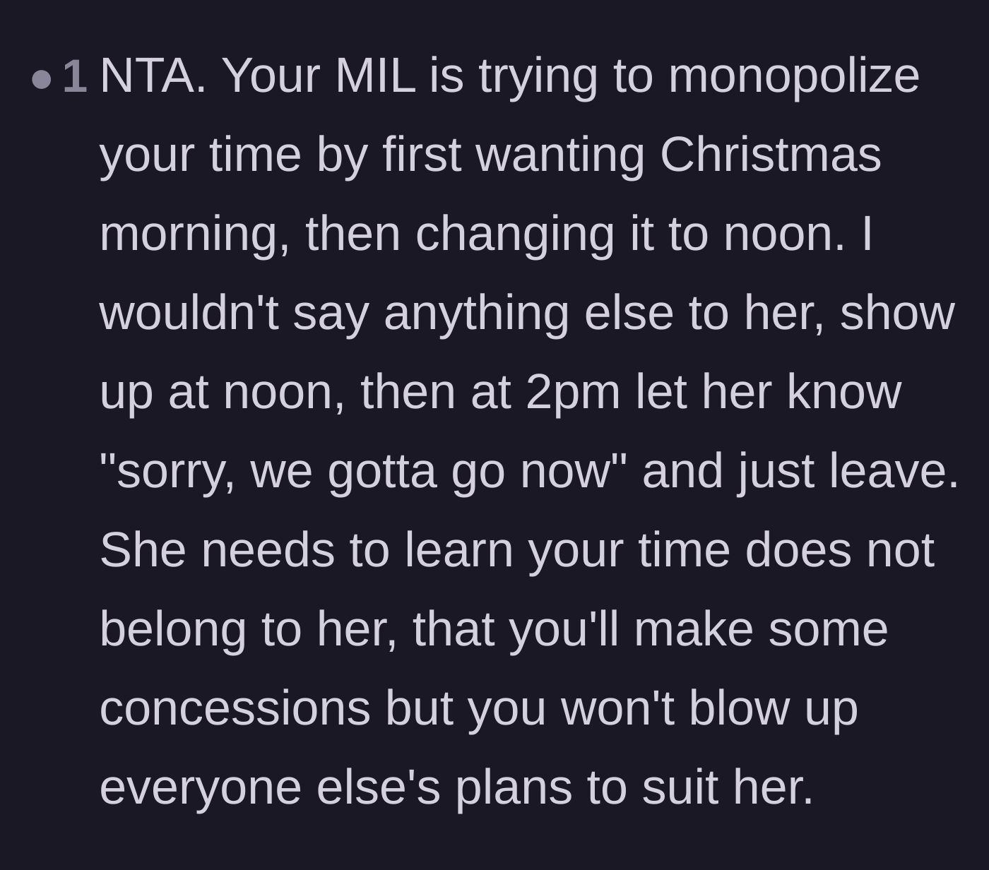 Comment thread 4 - Analysis that the mother-in-law is trying to monopolize the day, advising the couple to leave early without blowing up other plans.