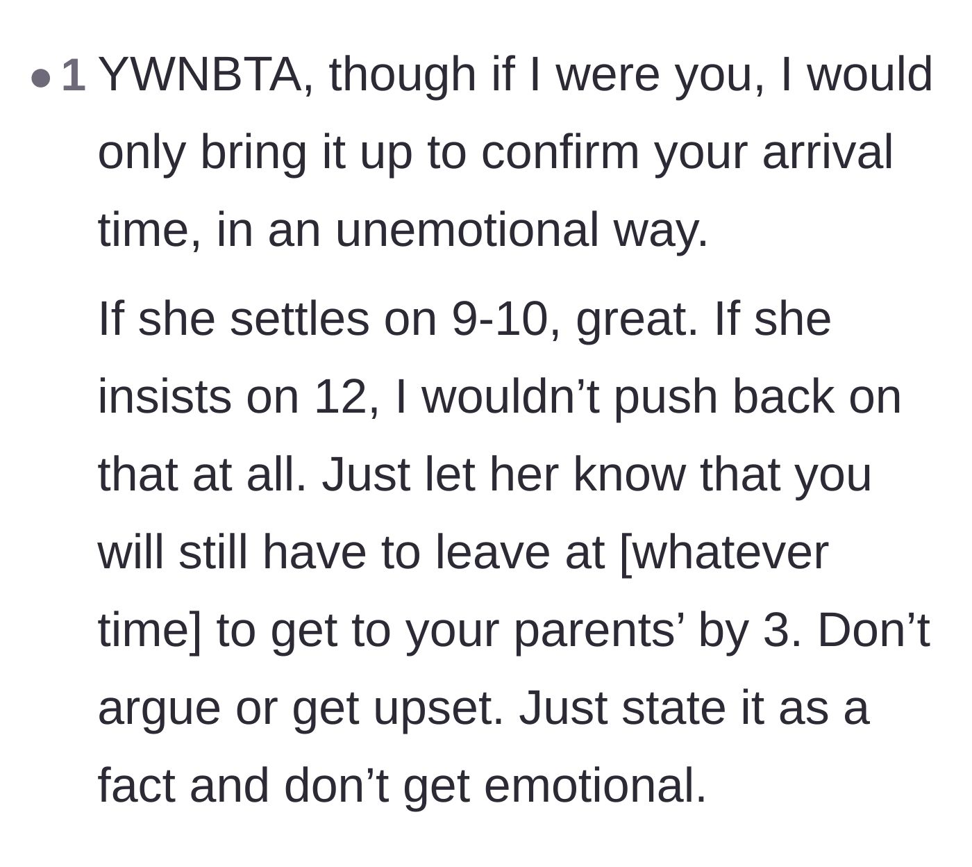 Comment thread 5 - Advice to remain unemotional, confirm the start time, and state the exact departure time as a concrete fact.