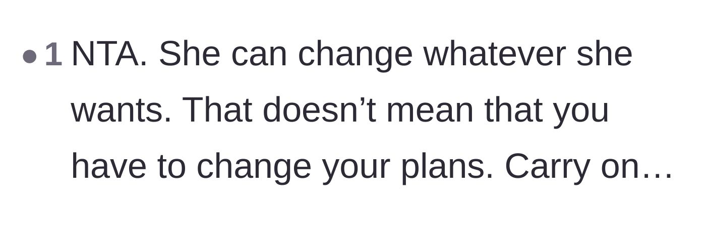 Comment thread 6 - A brief reminder that the mother-in-law's schedule change does not obligate the couple to change their own plans.