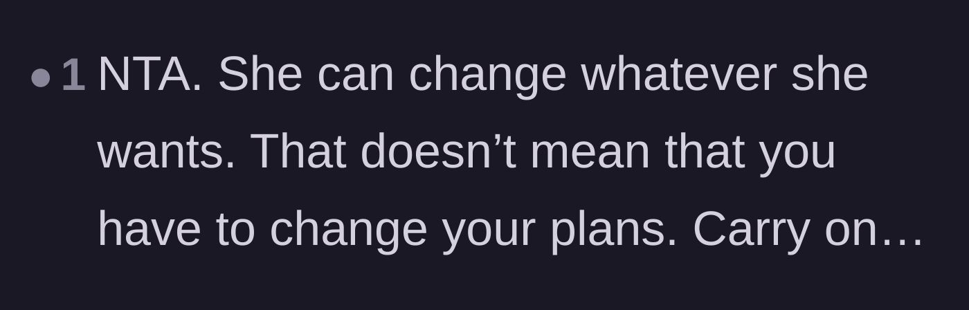 Comment thread 6 - A brief reminder that the mother-in-law's schedule change does not obligate the couple to change their own plans.