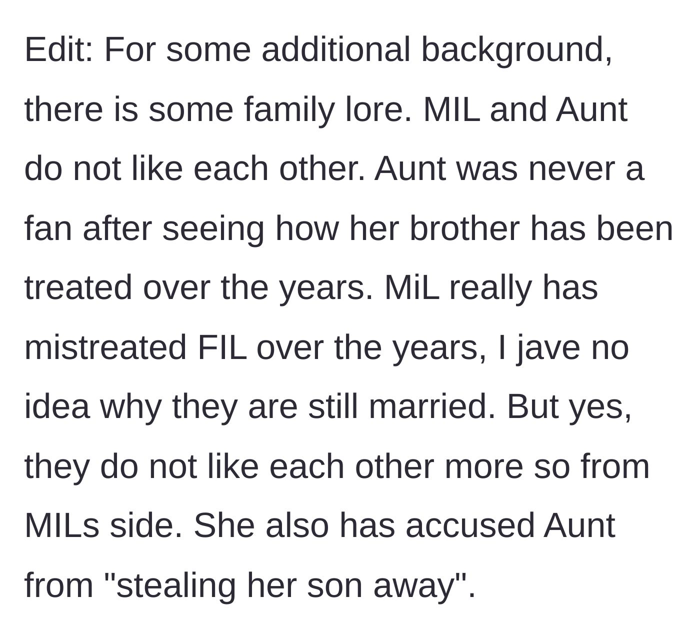 Story part 5 - An edit reveals deeper family history, explaining that the mother-in-law resents the aunt for protecting her brother and bonding with her son.