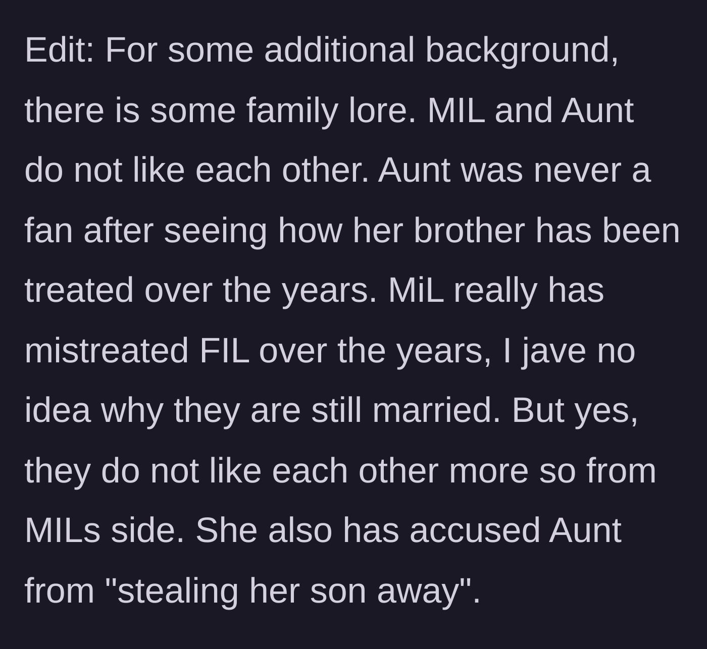 Story part 5 - An edit reveals deeper family history, explaining that the mother-in-law resents the aunt for protecting her brother and bonding with her son.