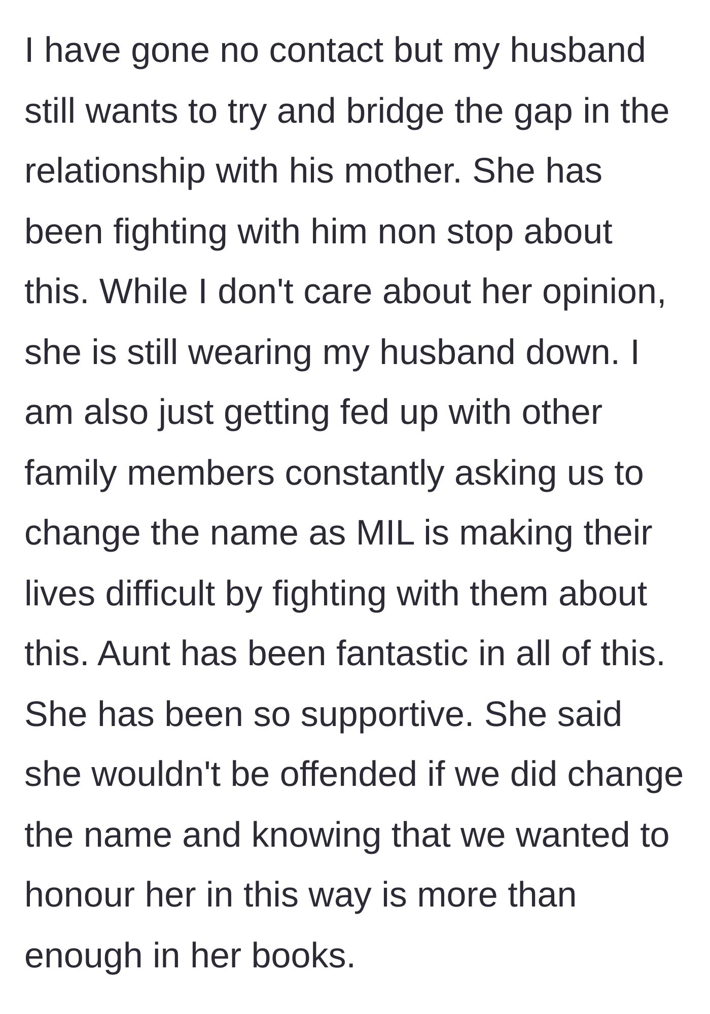 Story part 6 - The author shares how the relentless bullying is wearing her husband down, while the aunt graciously offers to step back to protect their peace.