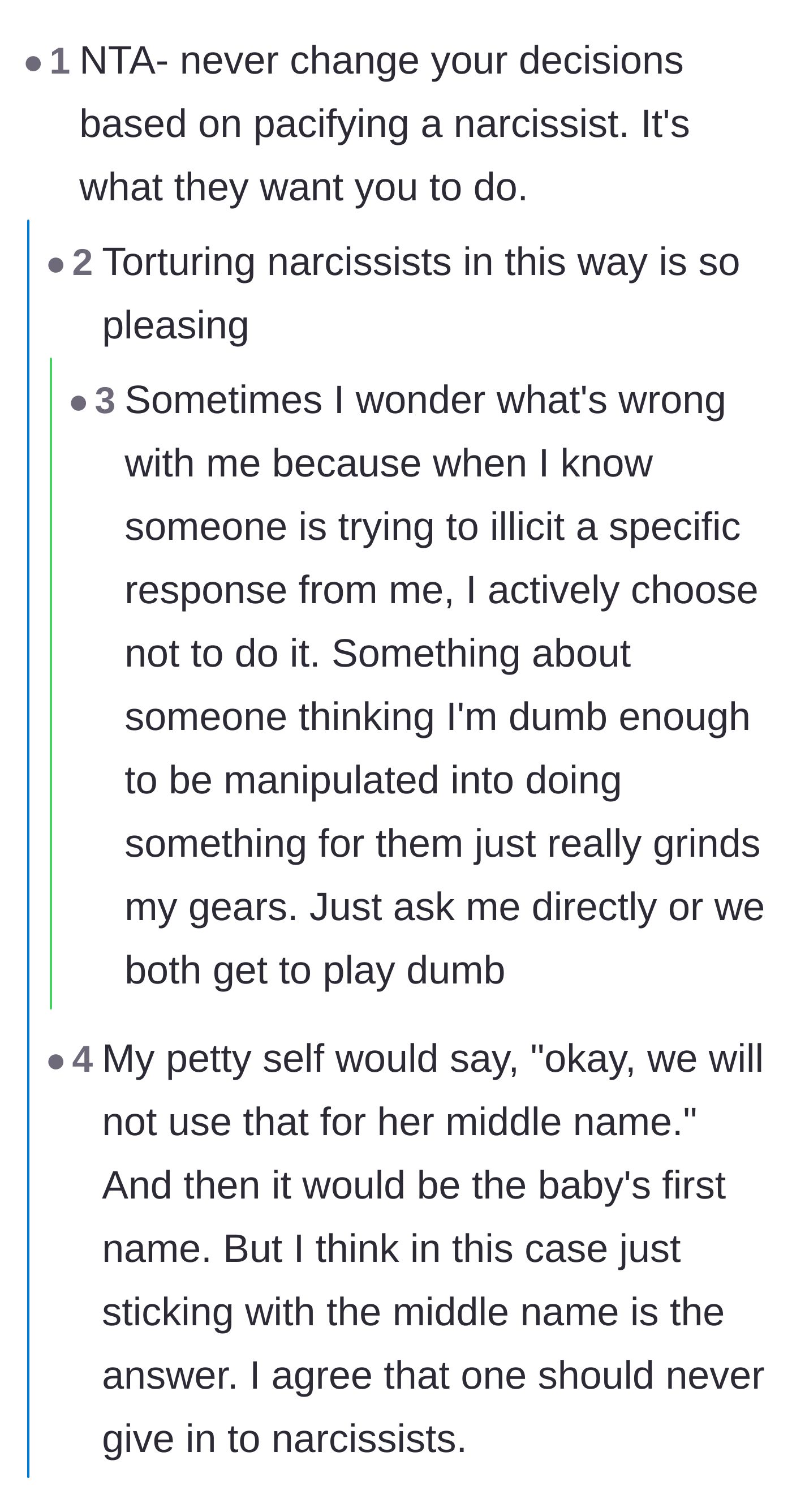 Comment thread 2 - Advice on standing firm against emotional manipulation and narcissistic behavior