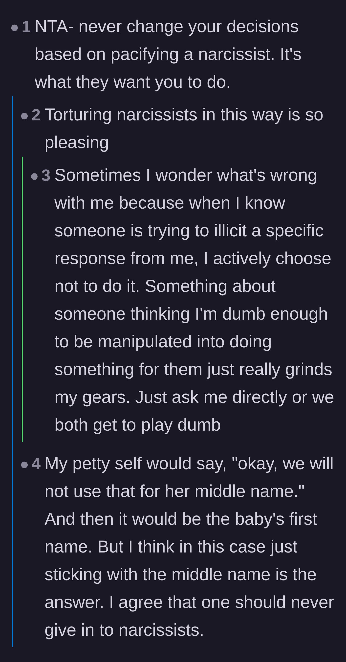 Comment thread 2 - Advice on standing firm against emotional manipulation and narcissistic behavior