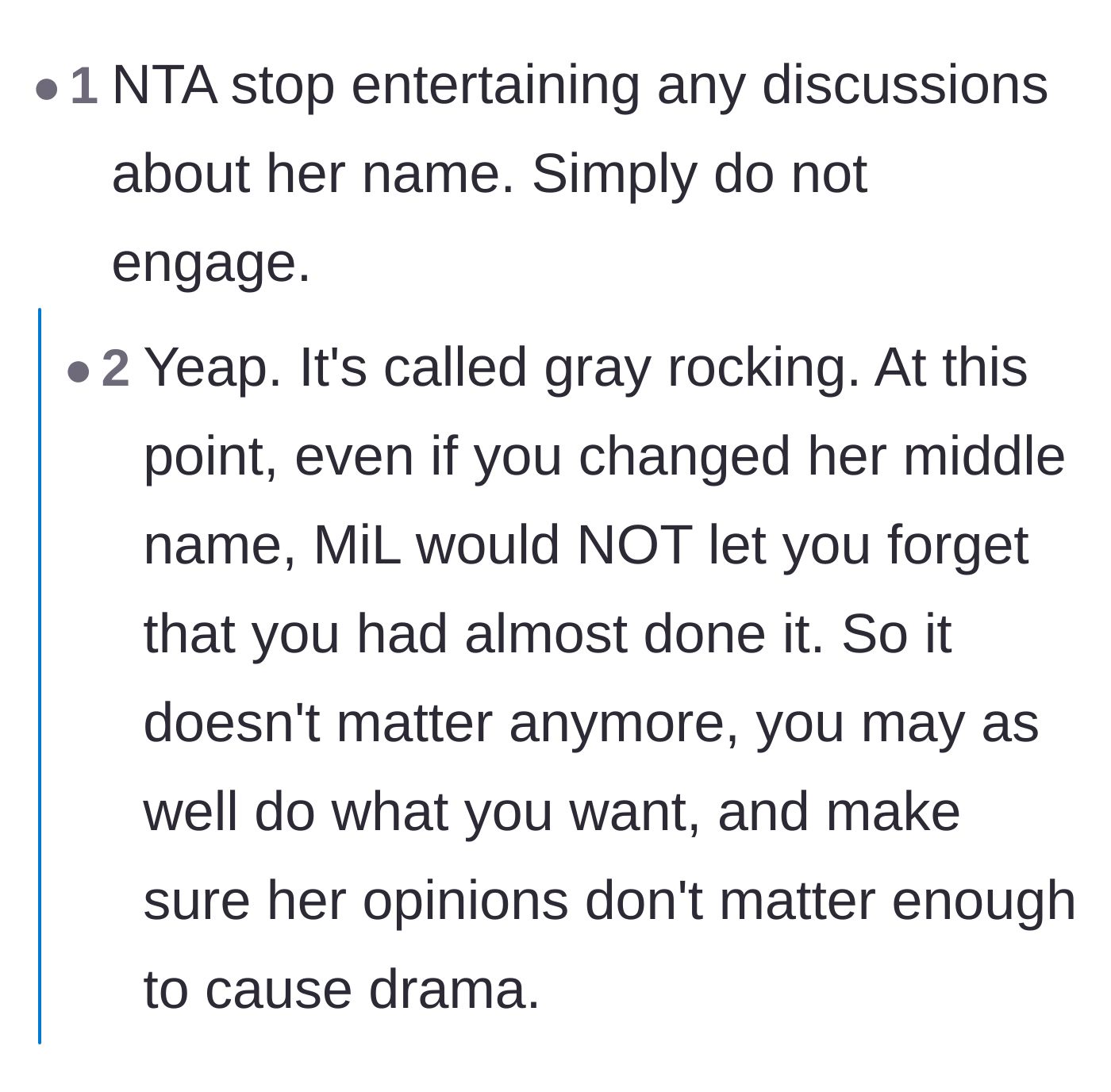 Comment thread 5 - Recommending the gray rock method to shut down further arguments about the name