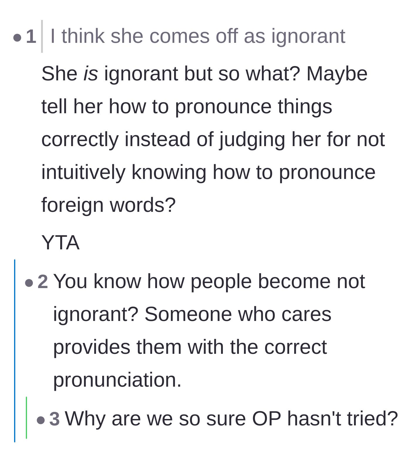 Comment thread 1 - Readers calling out the son for not helping his mom and a Mexican commenter breaking down authentic pronunciations