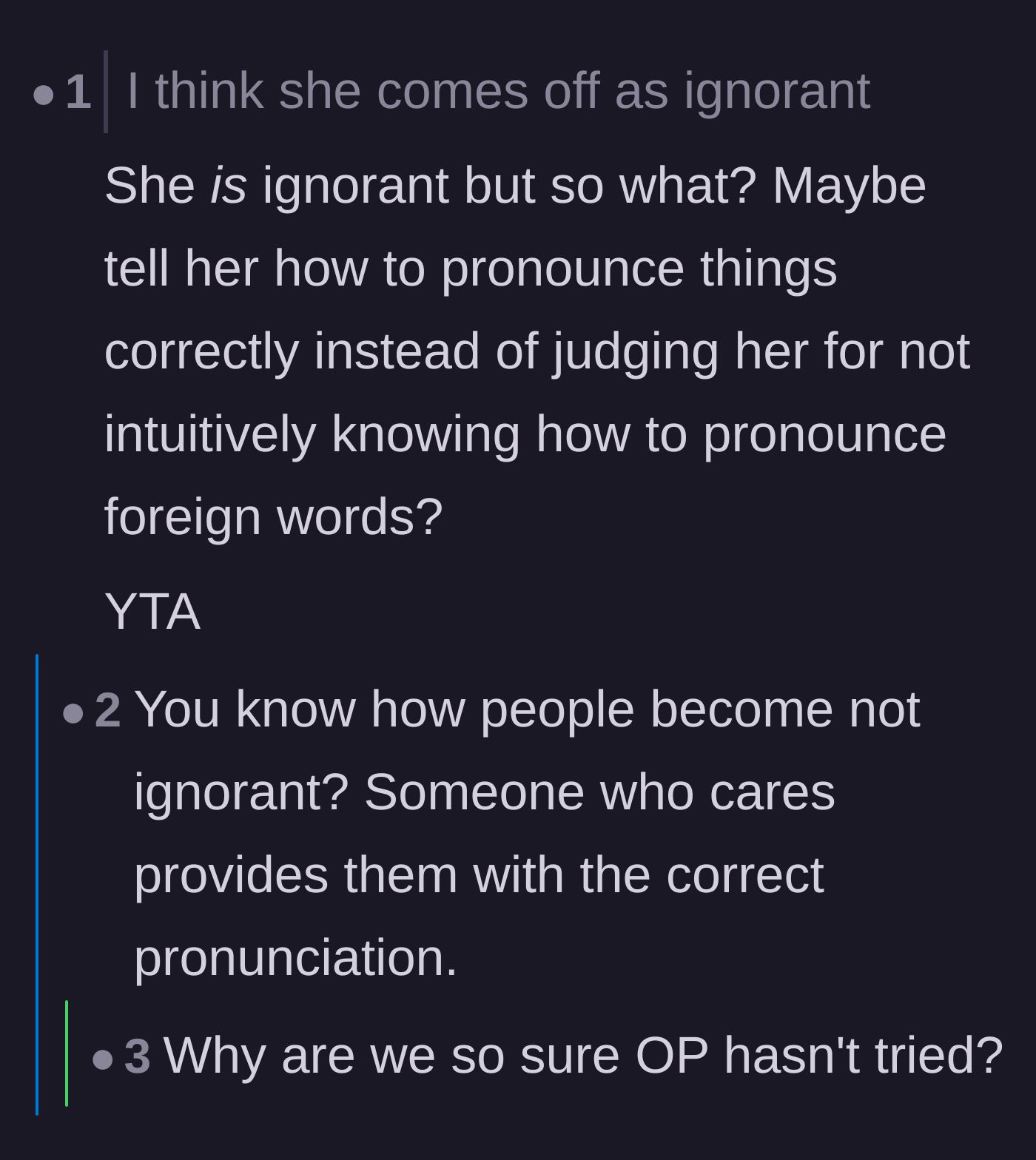 Comment thread 1 - Readers calling out the son for not helping his mom and a Mexican commenter breaking down authentic pronunciations