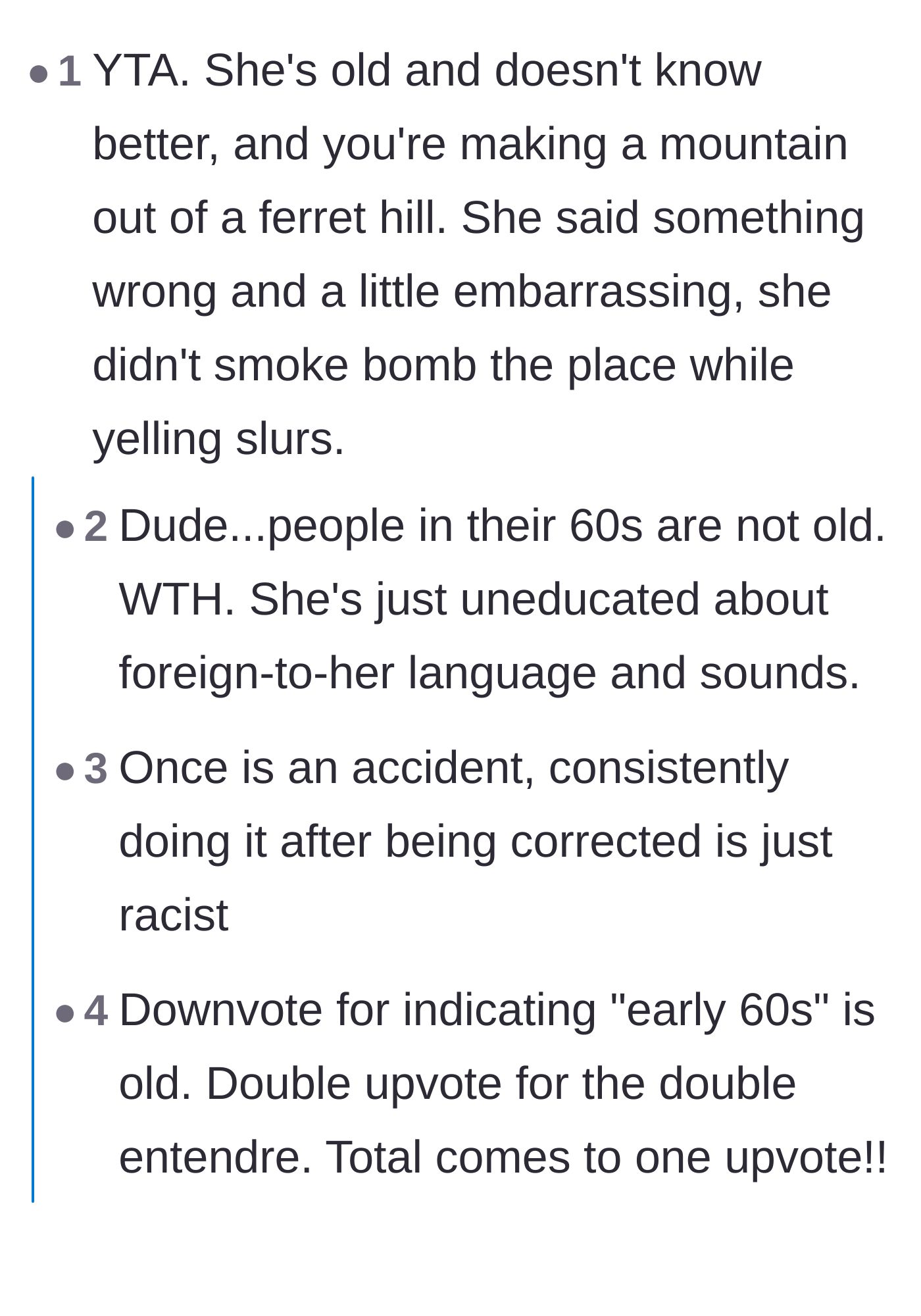 Comment thread 2 - A debate over whether being in your sixties is considered old and if mispronouncing words is harmless