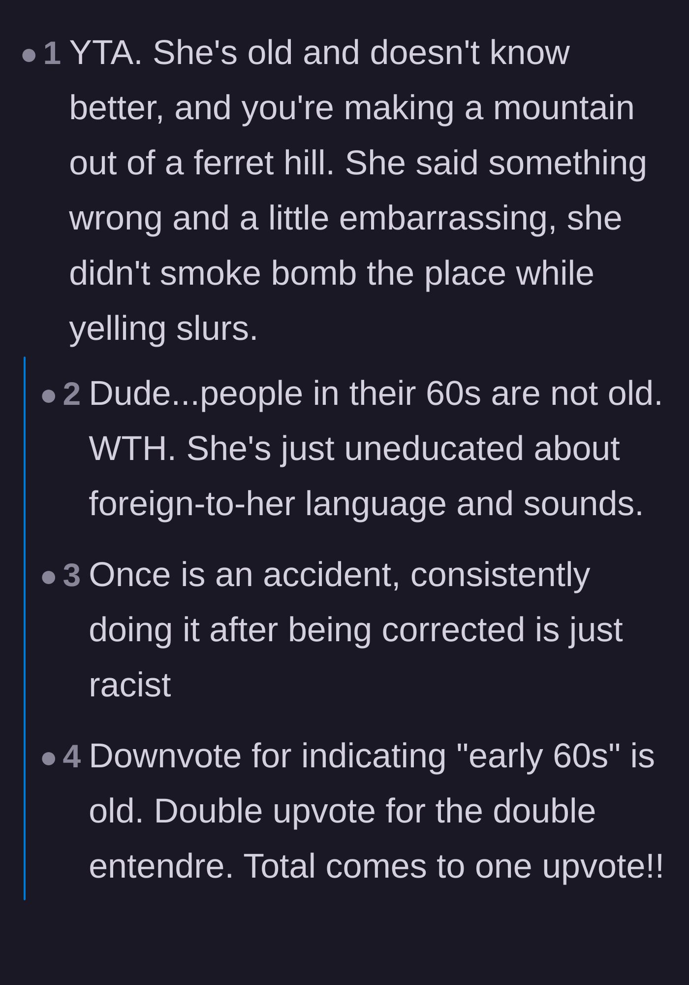 Comment thread 2 - A debate over whether being in your sixties is considered old and if mispronouncing words is harmless