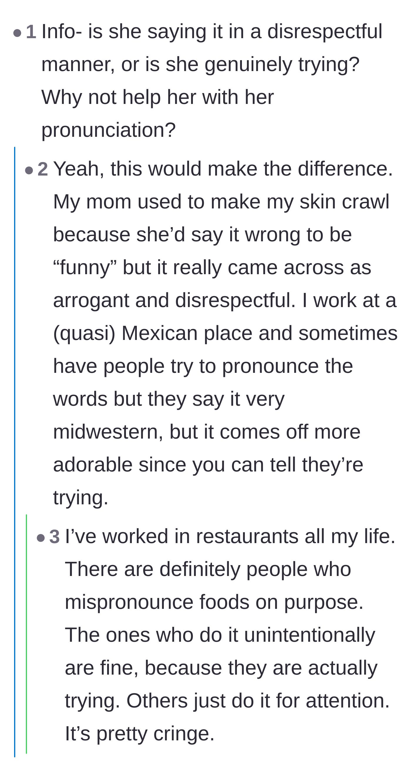 Comment thread 5 - Readers discussing the difference between arrogant mispronunciation and innocent mistakes
