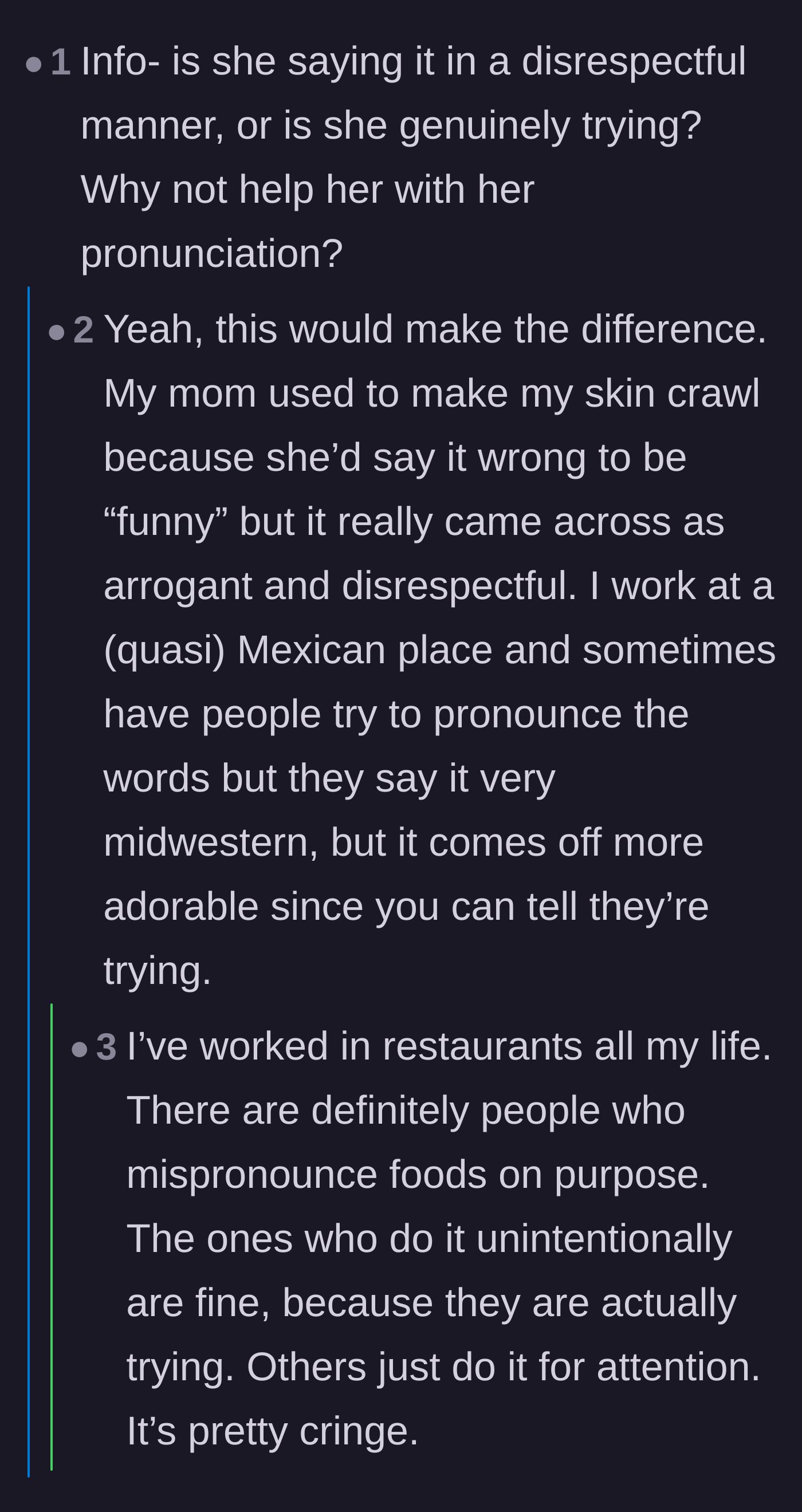 Comment thread 5 - Readers discussing the difference between arrogant mispronunciation and innocent mistakes
