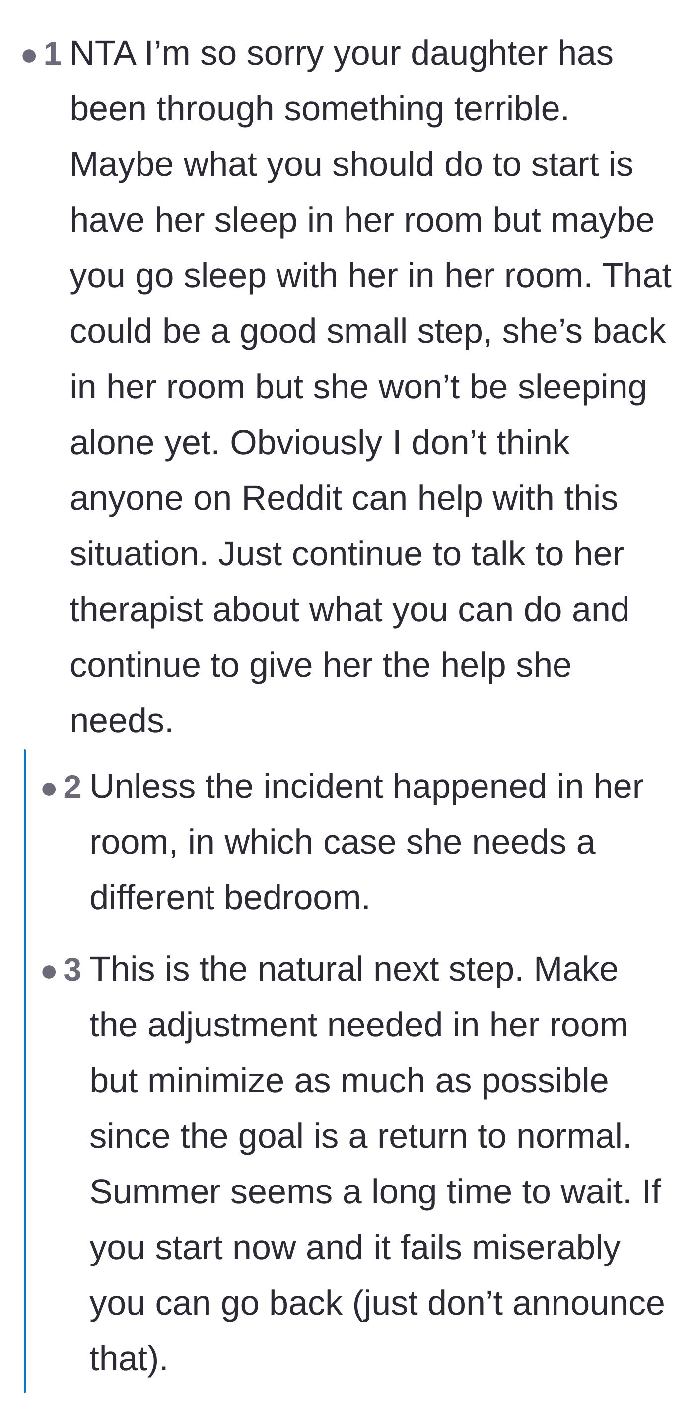 Comment thread 1 - Advice on slowly transitioning the daughter by having the mother sleep in the teenager's room, or completely redecorating the space to remove triggers.