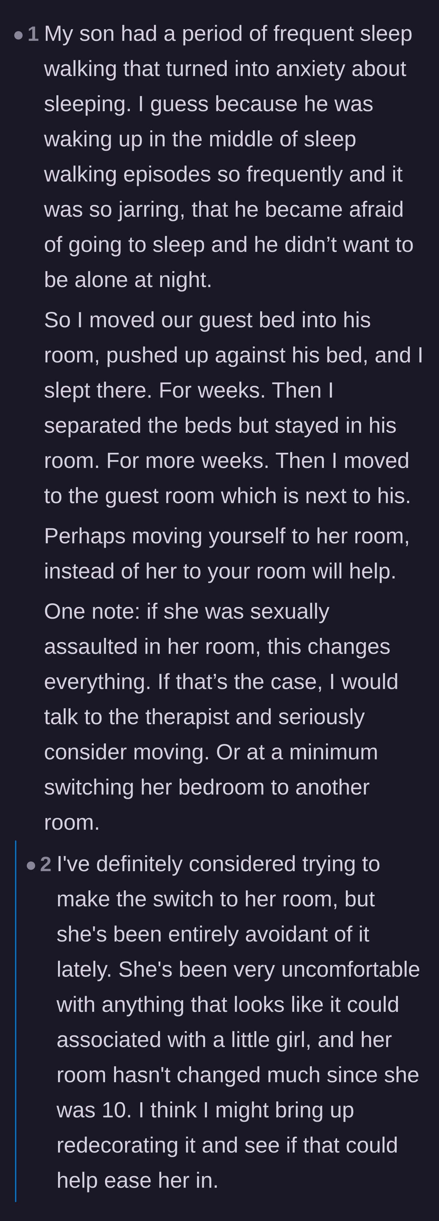 Comment thread 2 - Suggestions for helping the daughter reclaim her bedroom by letting her completely redesign it herself.