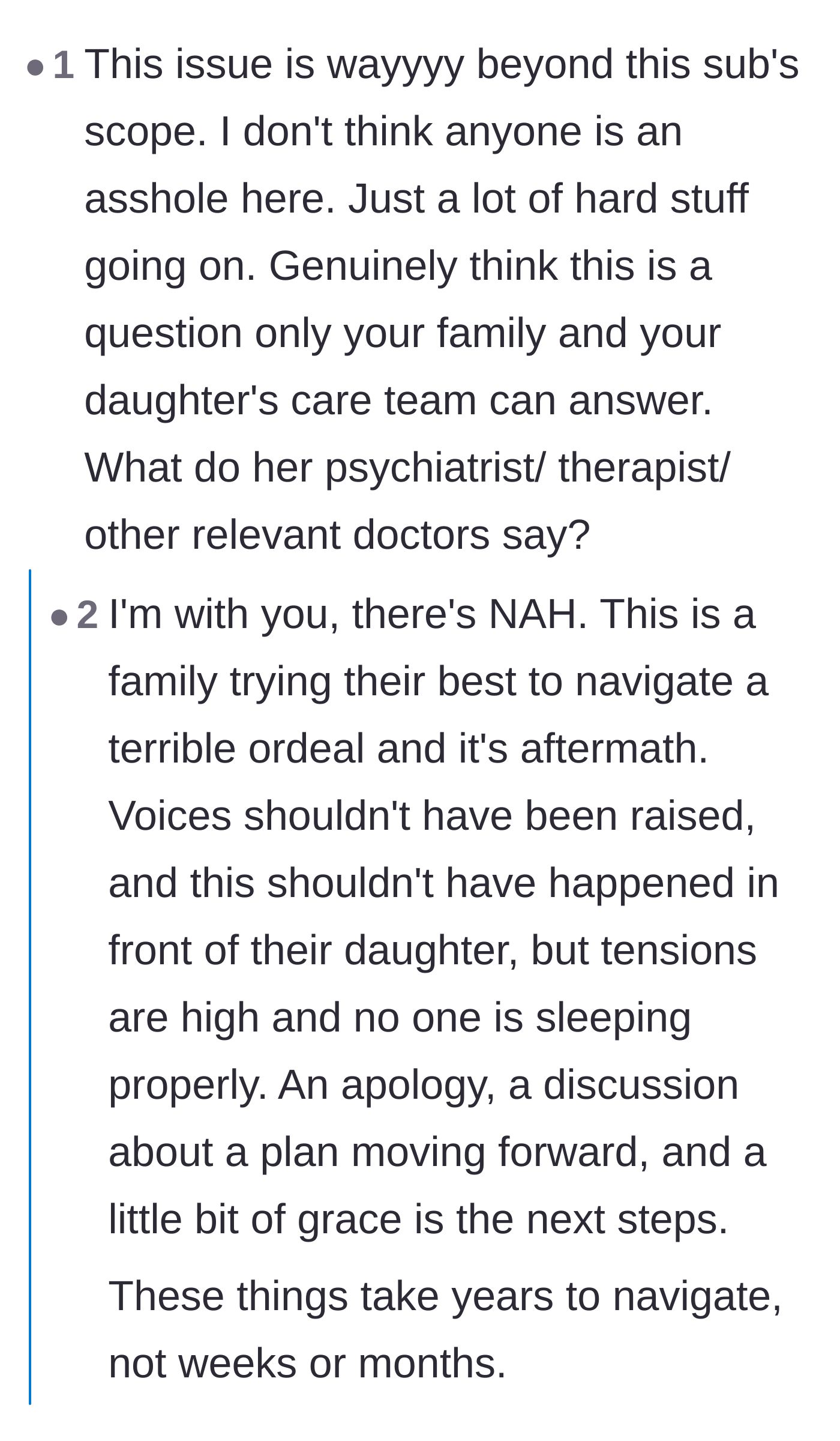 Comment thread 3 - A deep discussion validating the years-long timeline of PTSD recovery and heavily criticizing the father's lack of empathy.