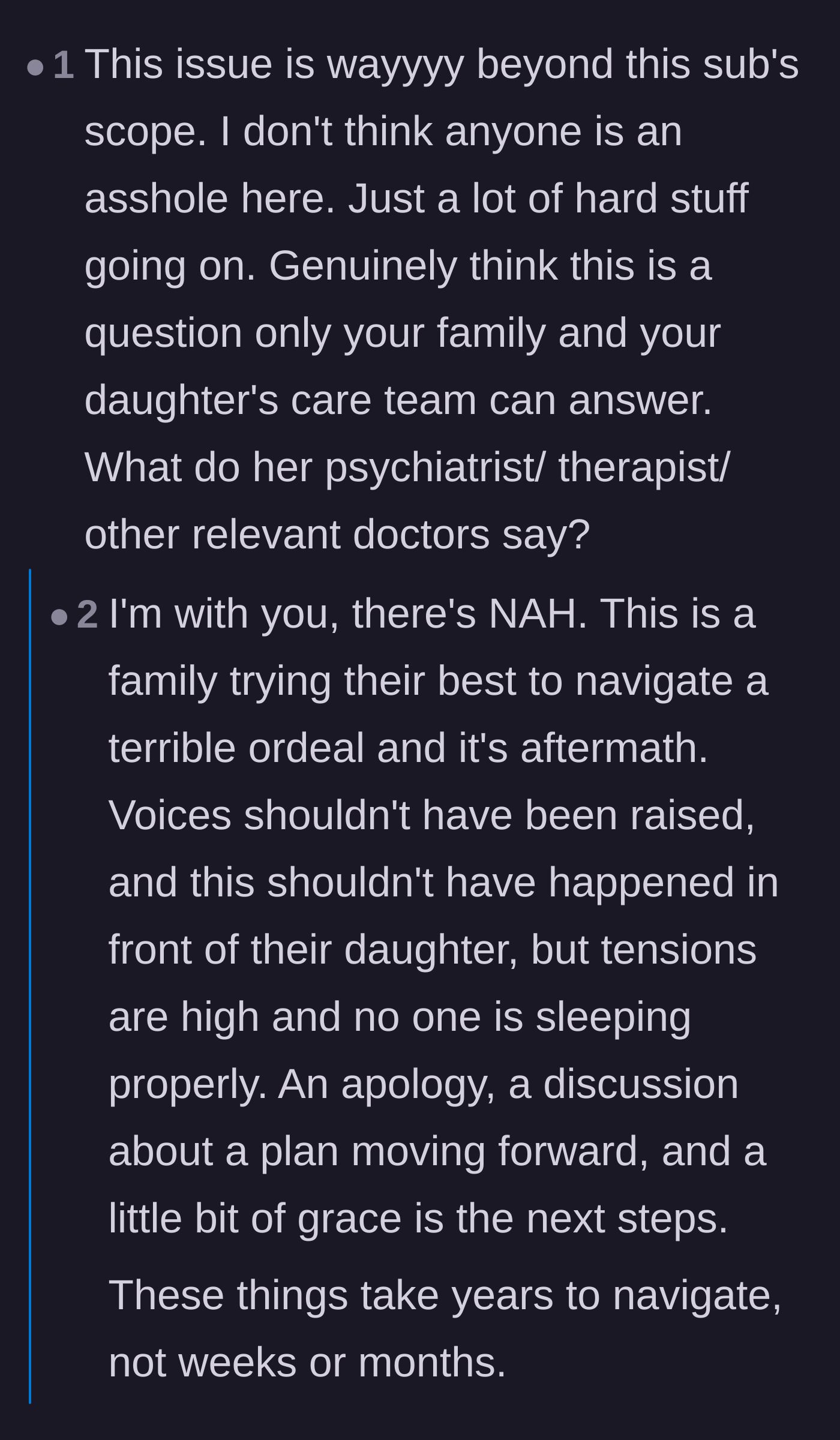 Comment thread 3 - A deep discussion validating the years-long timeline of PTSD recovery and heavily criticizing the father's lack of empathy.