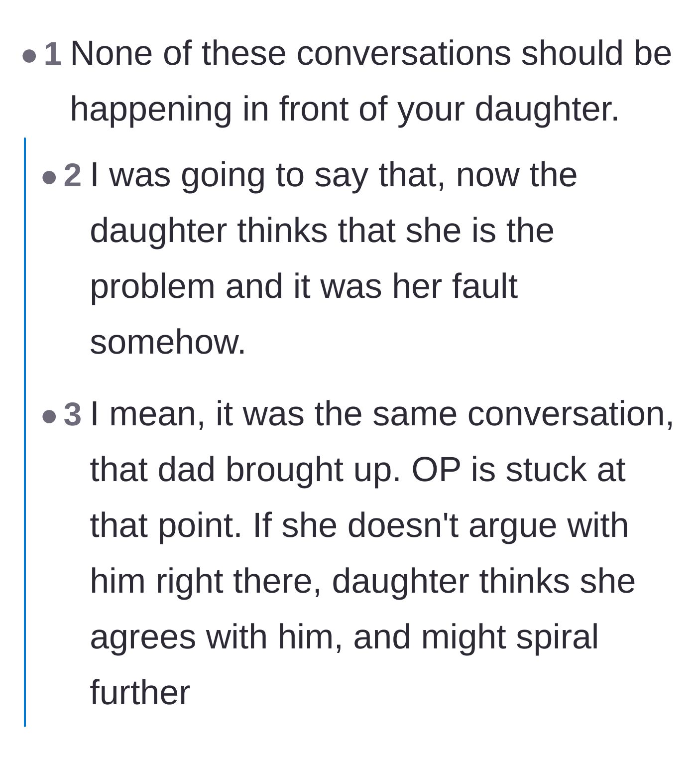 Comment thread 4 - Criticism of both parents for arguing about the daughter's trauma recovery right in front of her.
