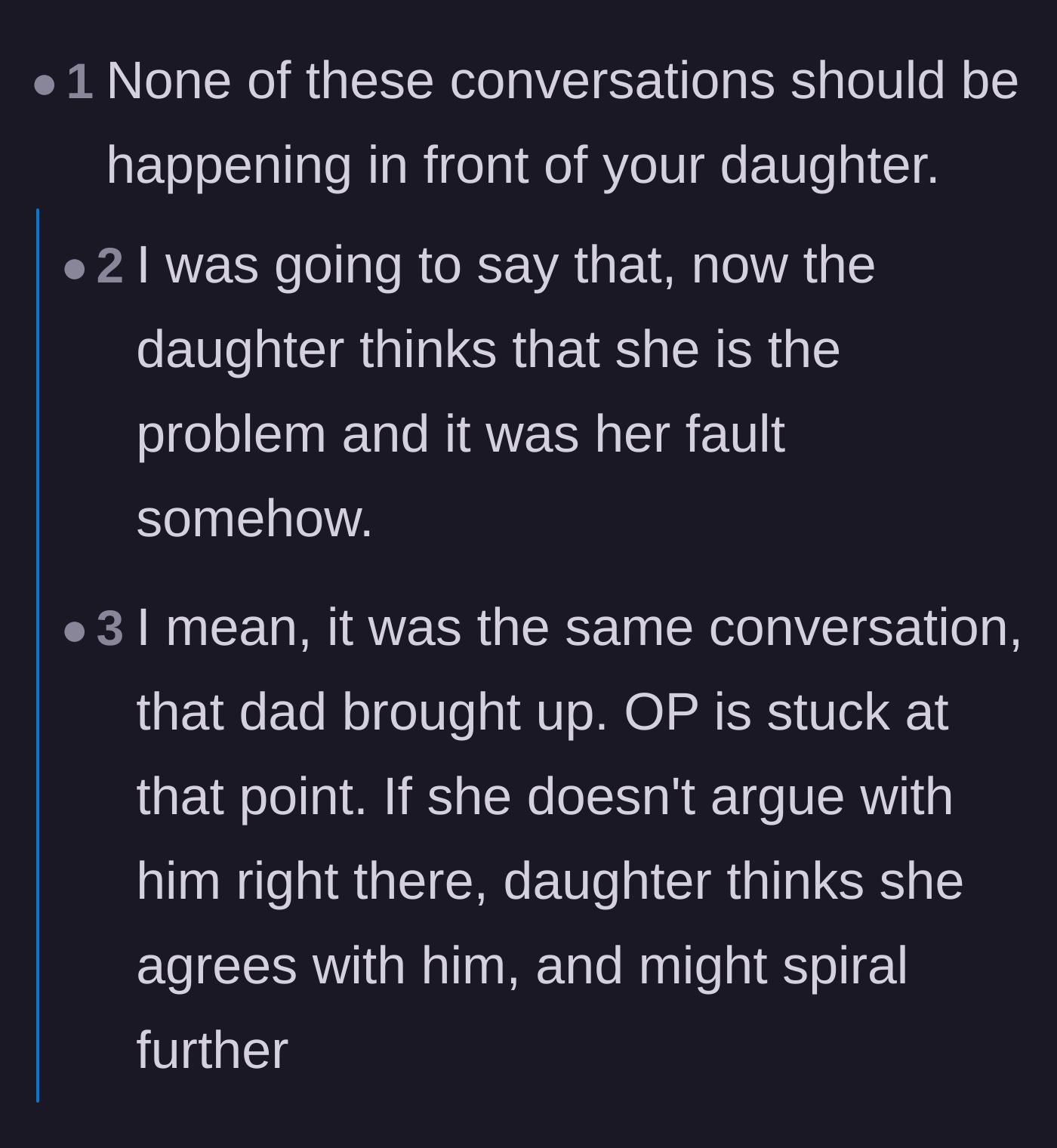 Comment thread 4 - Criticism of both parents for arguing about the daughter's trauma recovery right in front of her.