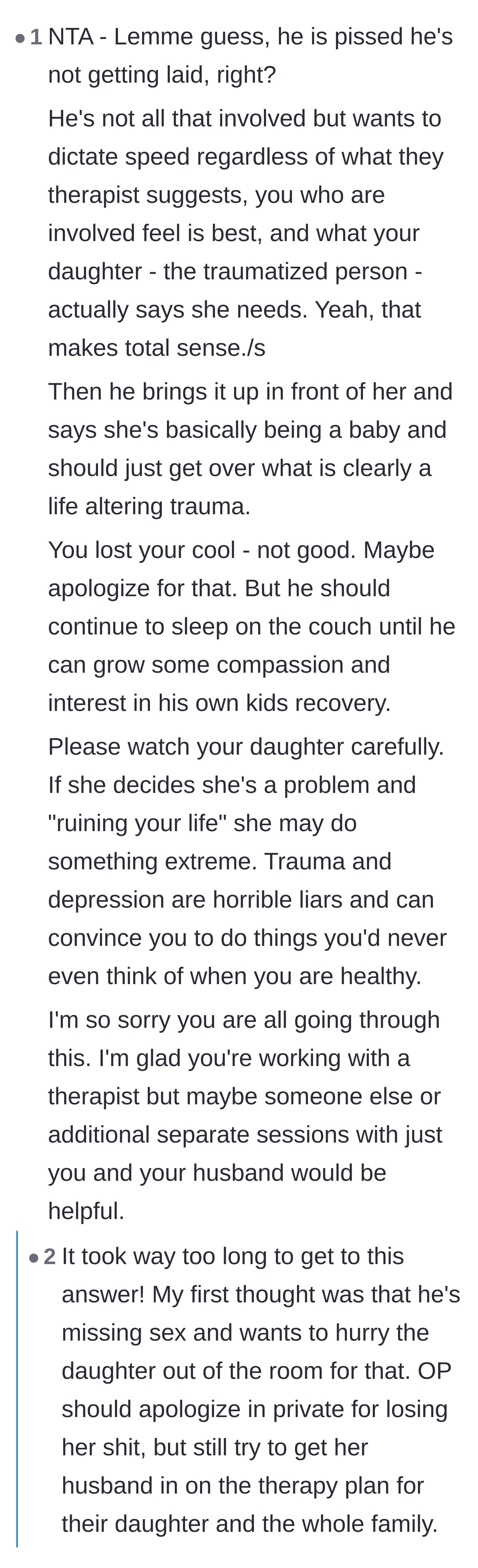 Comment thread 6 - Speculation about the husband's selfish motives for wanting the bedroom back, and a stark warning about the daughter feeling like a burden.