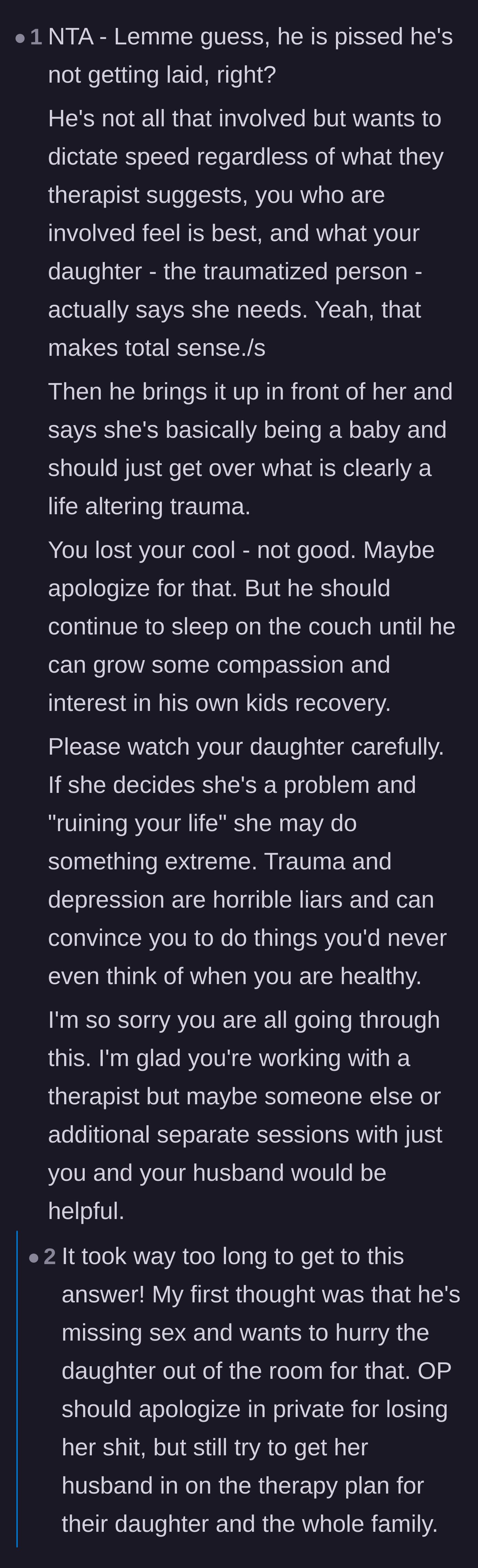 Comment thread 6 - Speculation about the husband's selfish motives for wanting the bedroom back, and a stark warning about the daughter feeling like a burden.