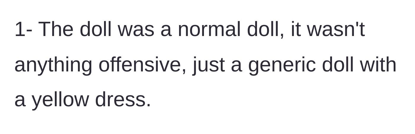 Story part 2 - The mother clarifies the doll is just a generic toy in a simple yellow dress.