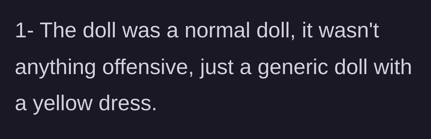 Story part 2 - The mother clarifies the doll is just a generic toy in a simple yellow dress.