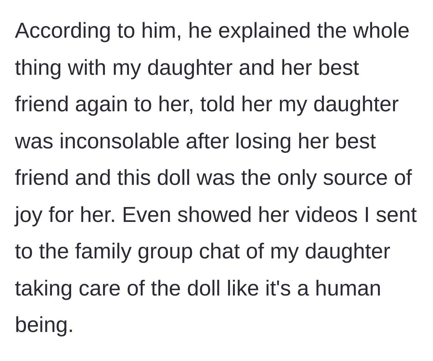 Story part 6 - The brother shares that he explained the toddler's grief to his girlfriend and showed her heartwarming videos of the child caring for the doll.