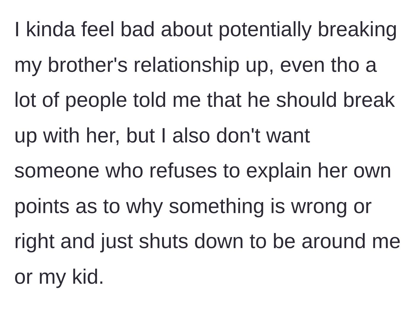 Story part 9 - The mother feels guilty for causing the rift, but acknowledges she doesn't want to be around someone who shuts down rather than explaining their logic.