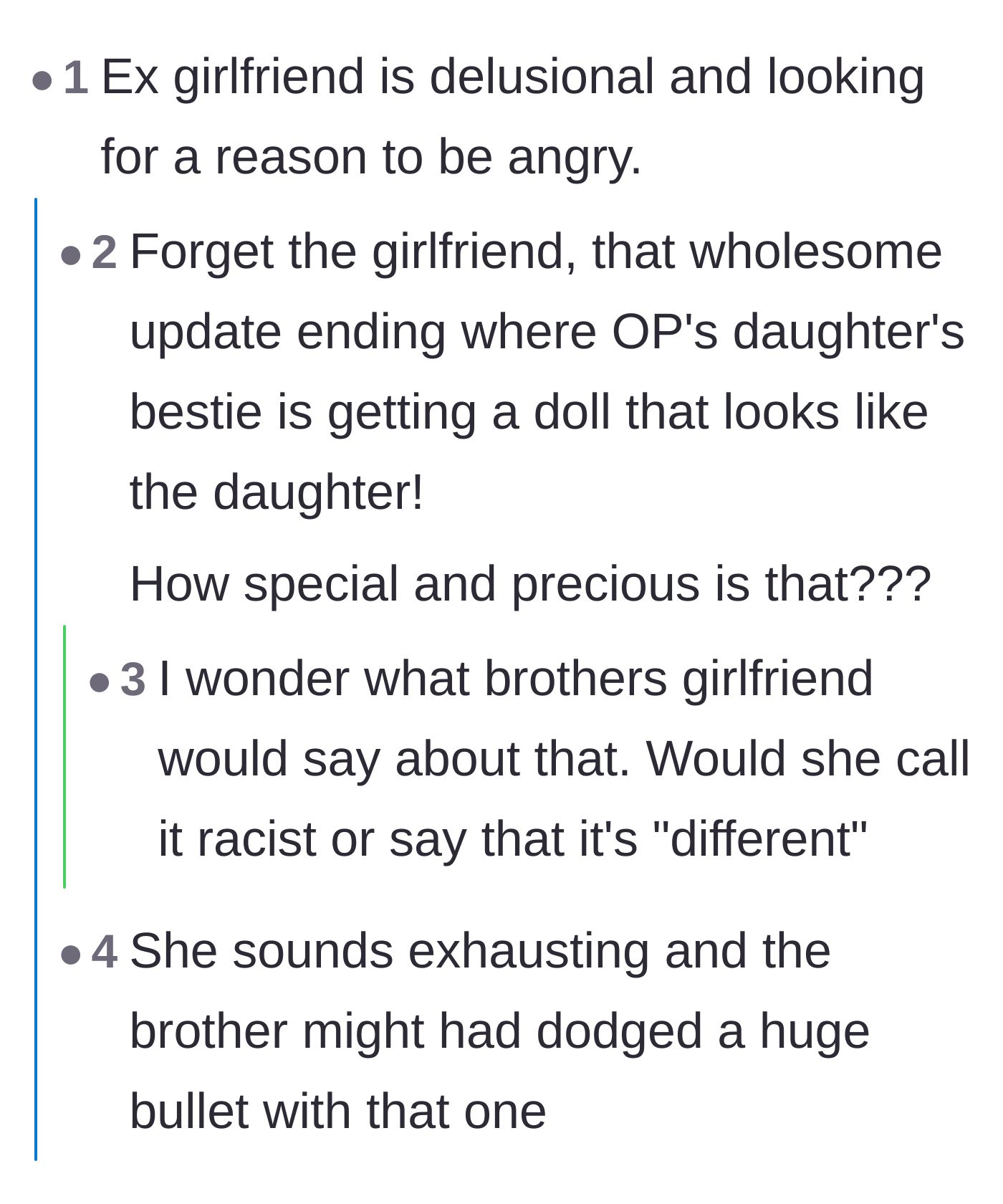 Comment thread 1 - Readers discussing the girlfriend's delusion and expressing relief that the brother might dodge a bullet.