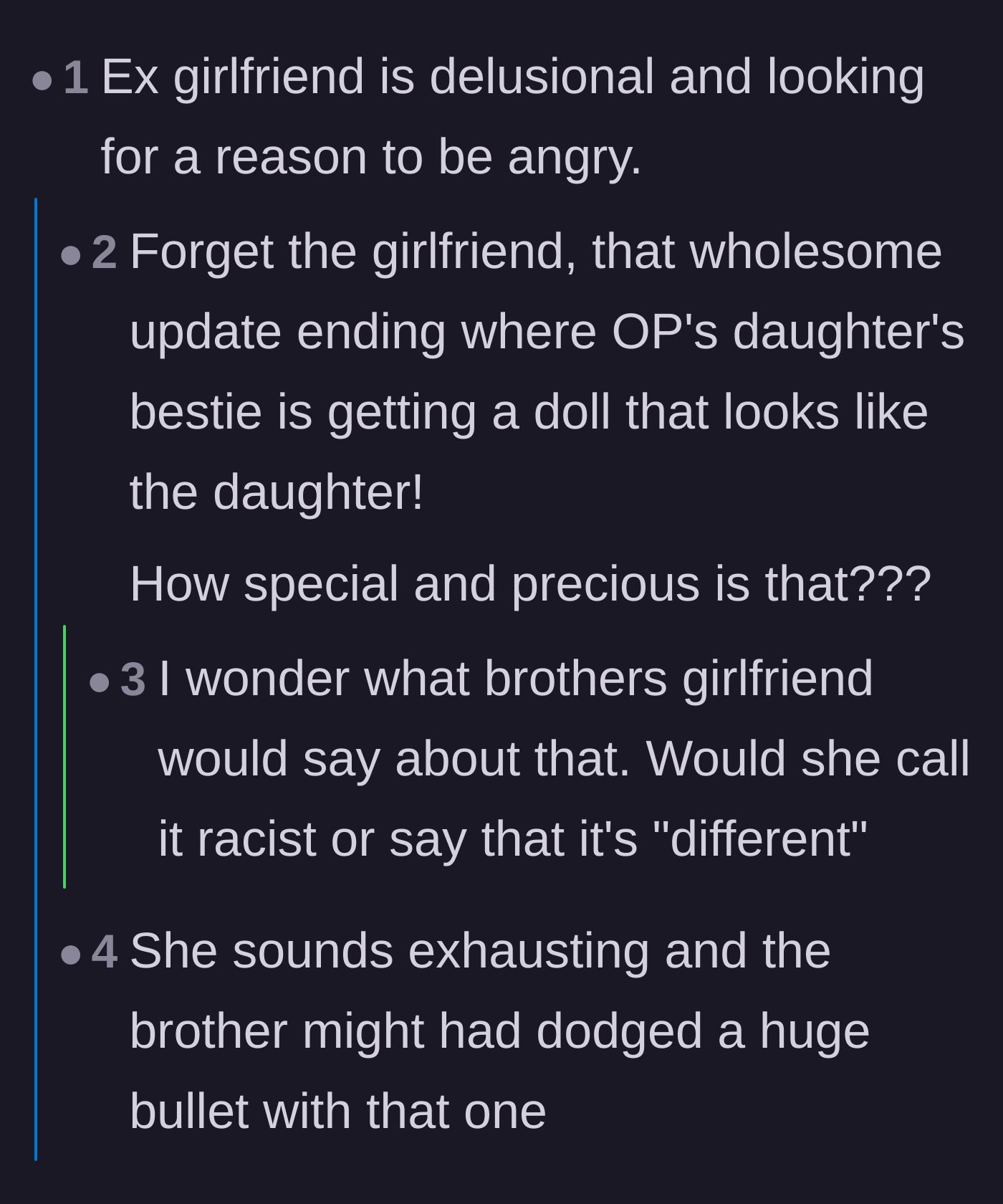 Comment thread 1 - Readers discussing the girlfriend's delusion and expressing relief that the brother might dodge a bullet.