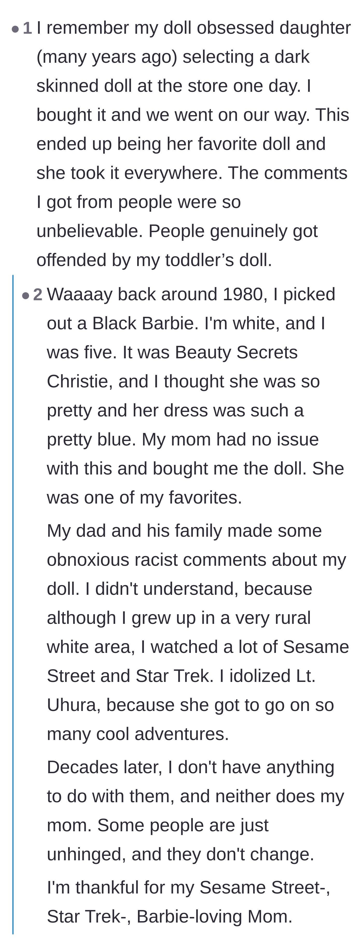 Comment thread 2 - Parents sharing historical anecdotes of buying diverse dolls and dealing with adults projecting prejudices onto toys.