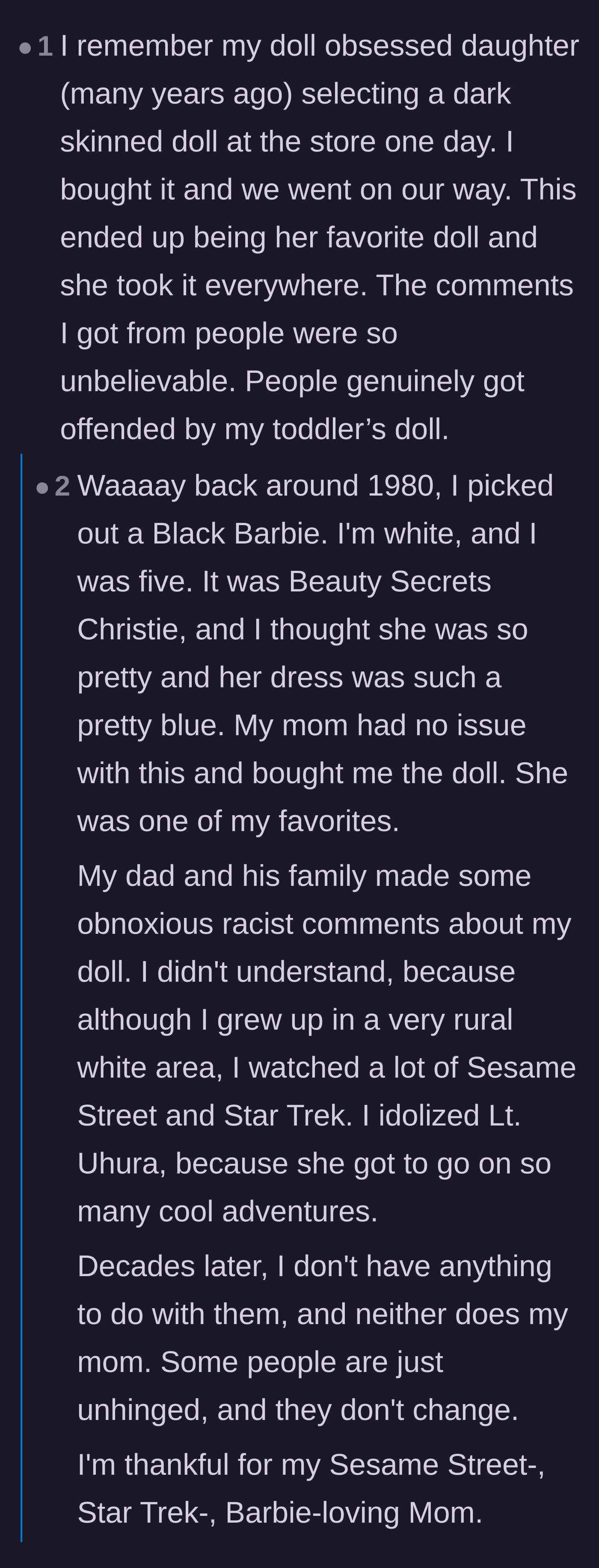 Comment thread 2 - Parents sharing historical anecdotes of buying diverse dolls and dealing with adults projecting prejudices onto toys.