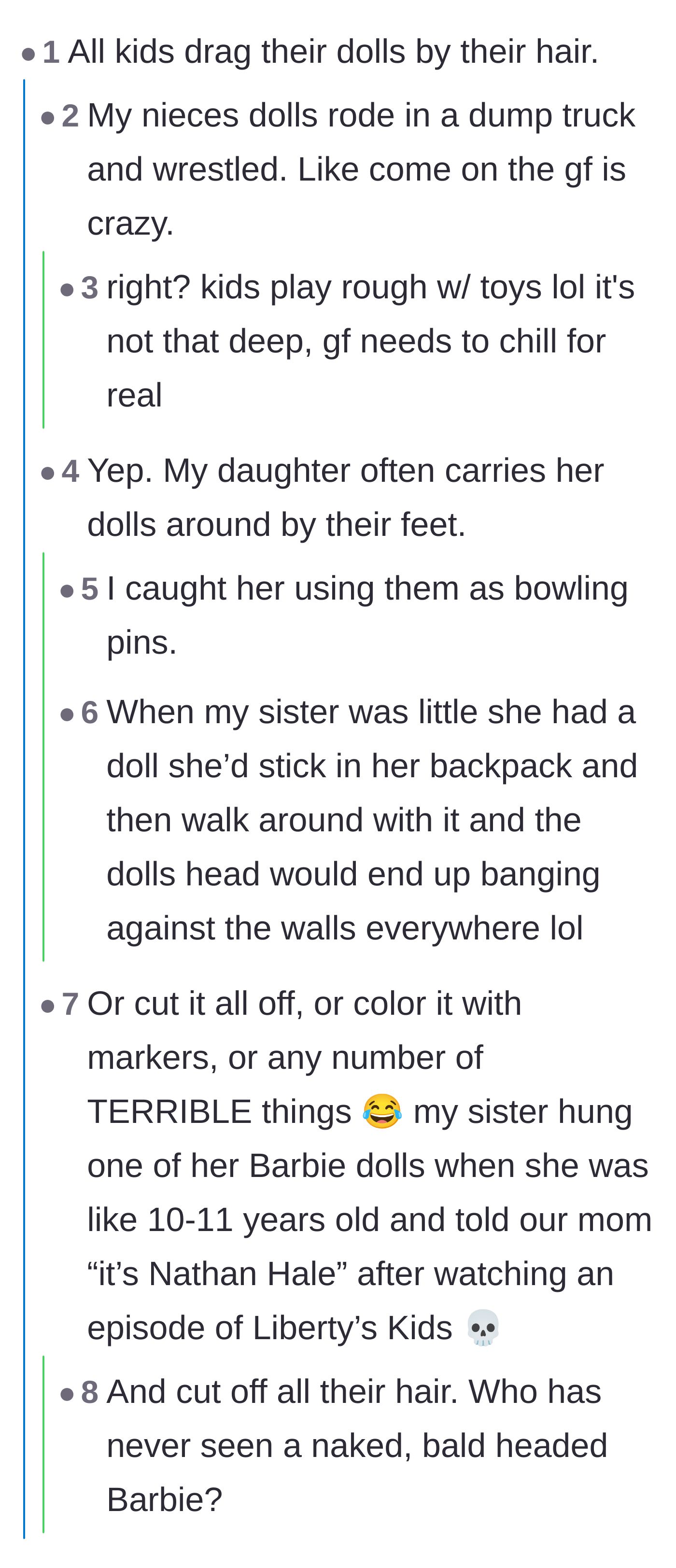Comment thread 3 - Commenters sharing funny and chaotic stories about how rough children naturally play with their dolls.