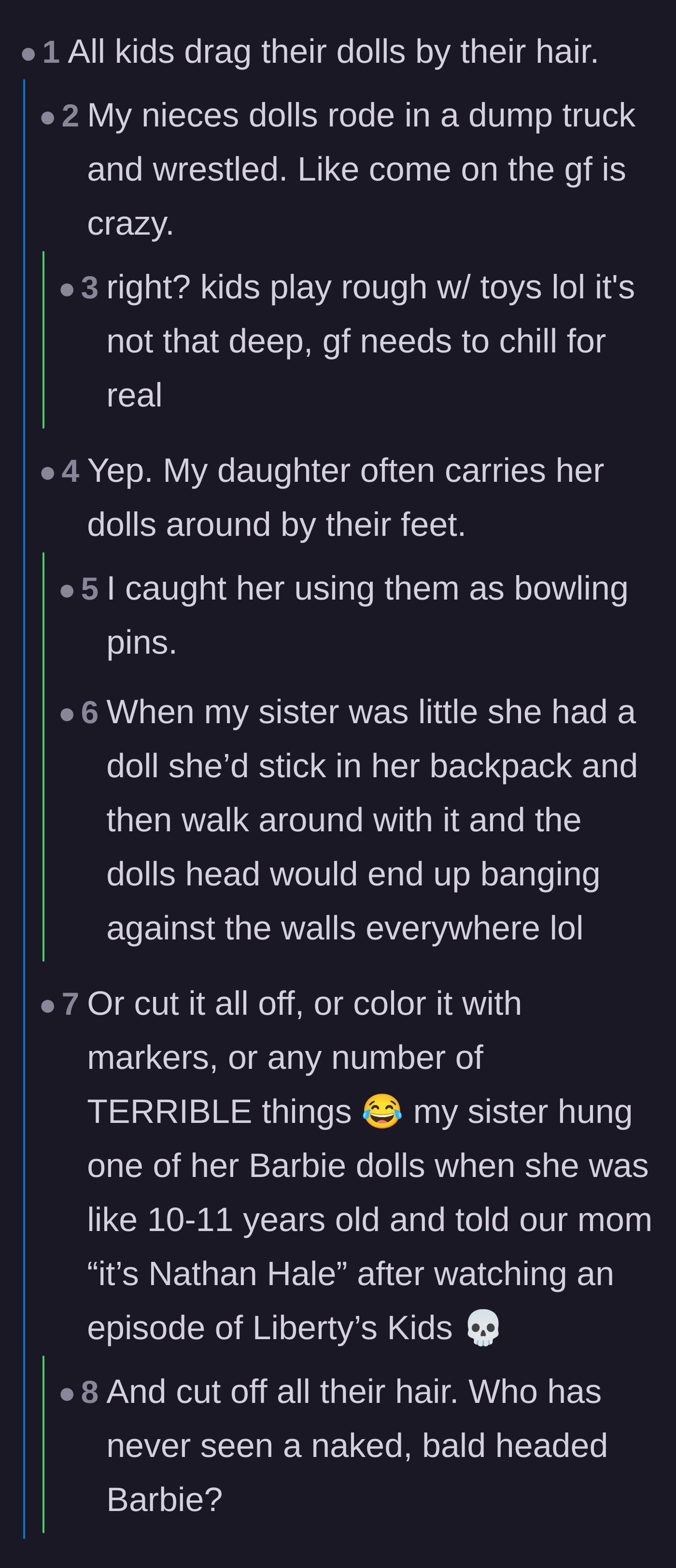 Comment thread 3 - Commenters sharing funny and chaotic stories about how rough children naturally play with their dolls.