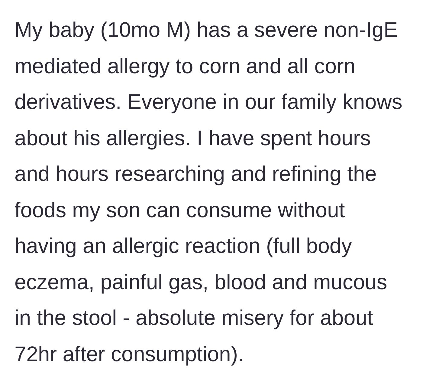 Story part 1 - A desperate mother meticulously planning a safe diet for her baby who suffers from severe corn allergies.
