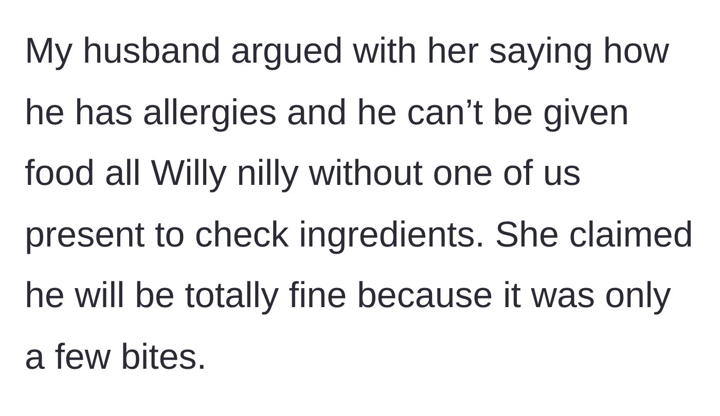 Story part 4 - A frustrated father arguing with his aunt about food allergies while she dismisses the medical danger.