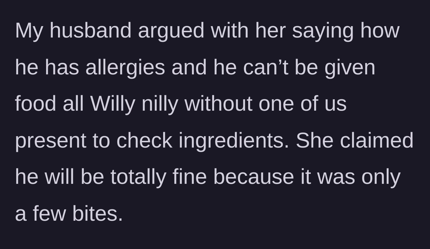 Story part 4 - A frustrated father arguing with his aunt about food allergies while she dismisses the medical danger.