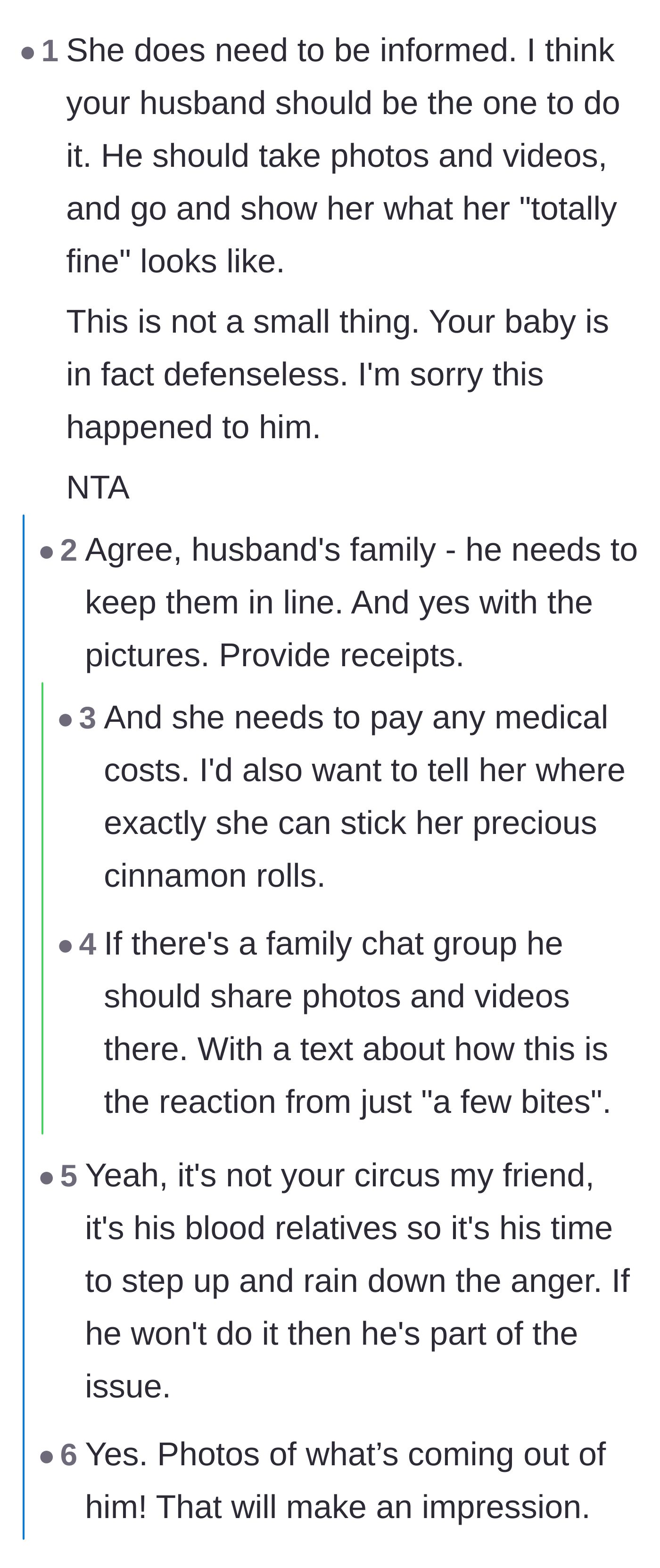 Comment thread 1 - Advice on making the husband use graphic photos and videos to confront the aunt's negligence