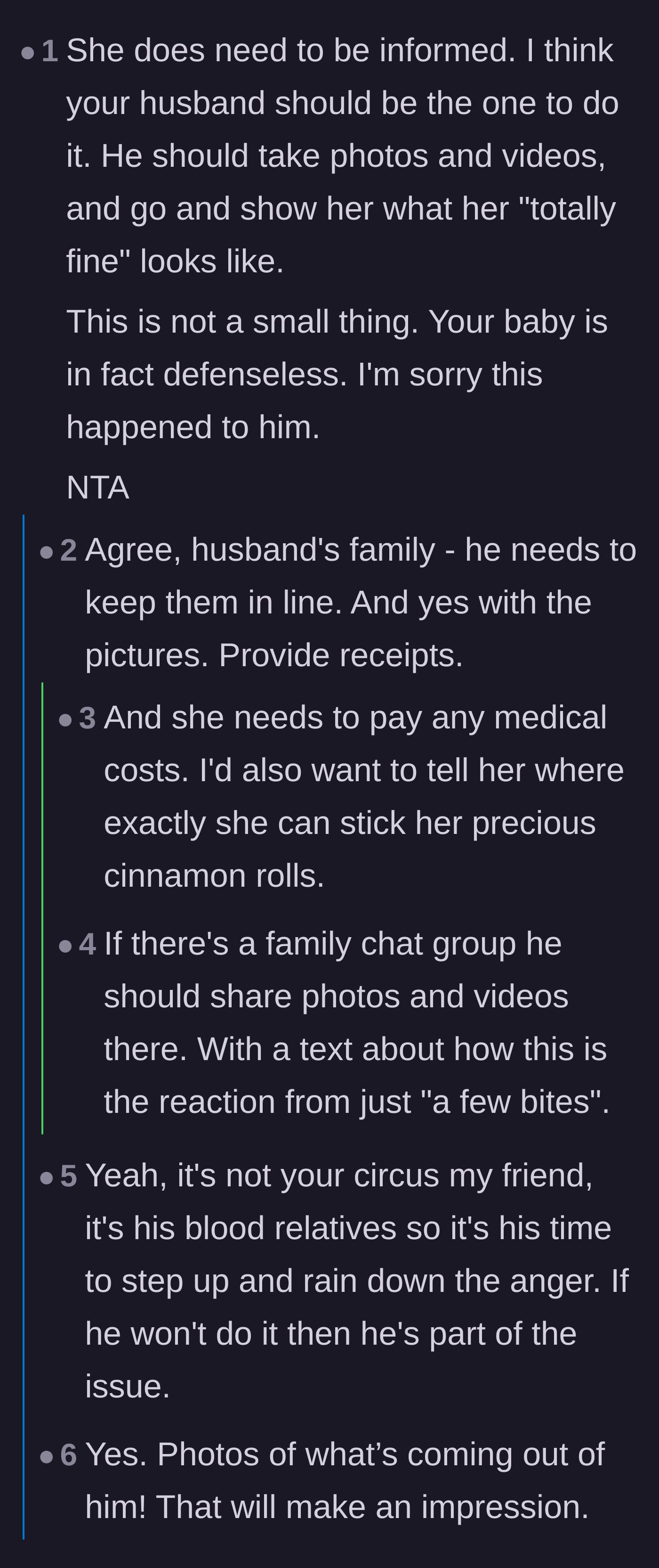 Comment thread 1 - Advice on making the husband use graphic photos and videos to confront the aunt's negligence