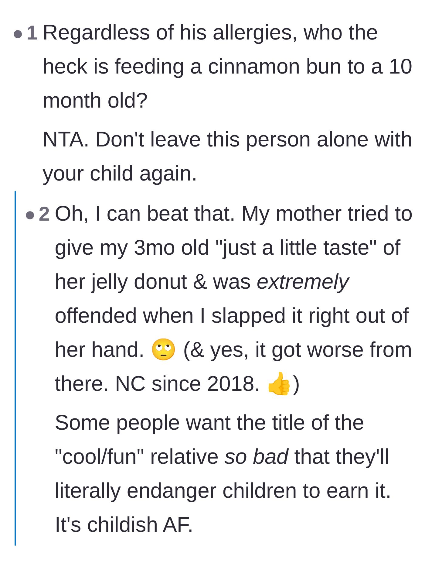 Comment thread 2 - Shared horror stories of older generations recklessly feeding dangerous foods to infants to play the fun relative